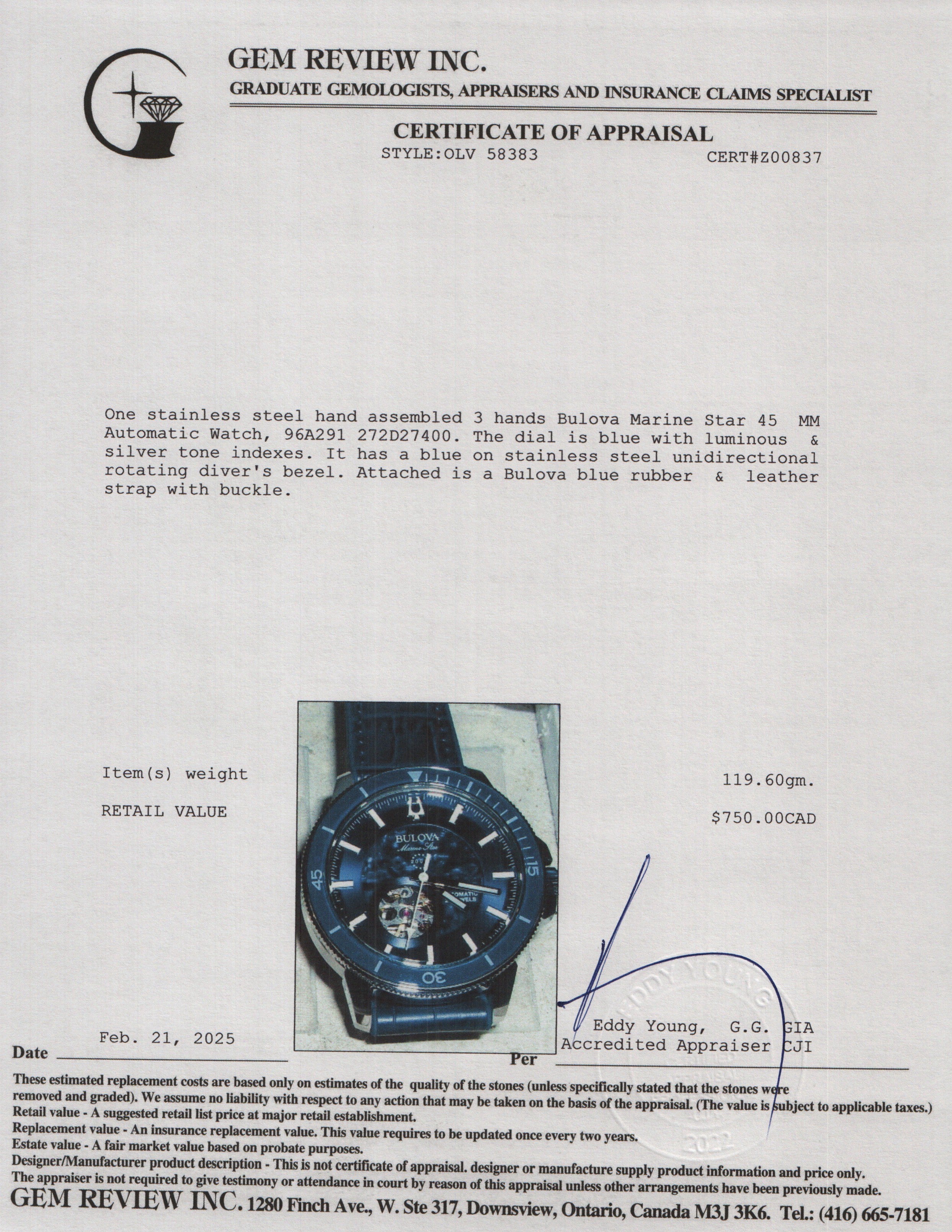 Bulova 2022 Stainless Steel Marine Star 45 MM Automatic Watch 96A291 w/ Box & Papers