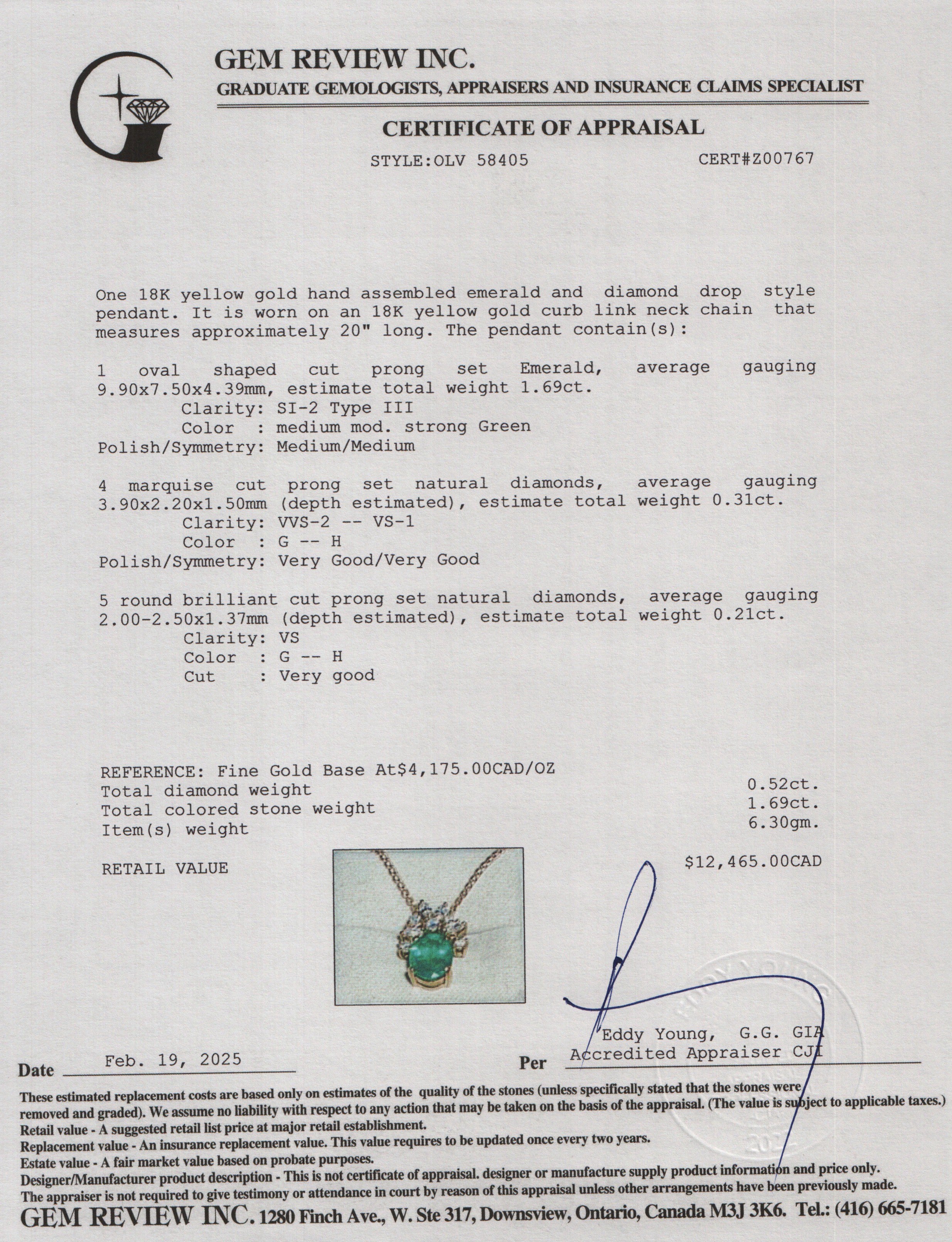 18k Yellow Gold Emerald & Diamond Pendant Necklace