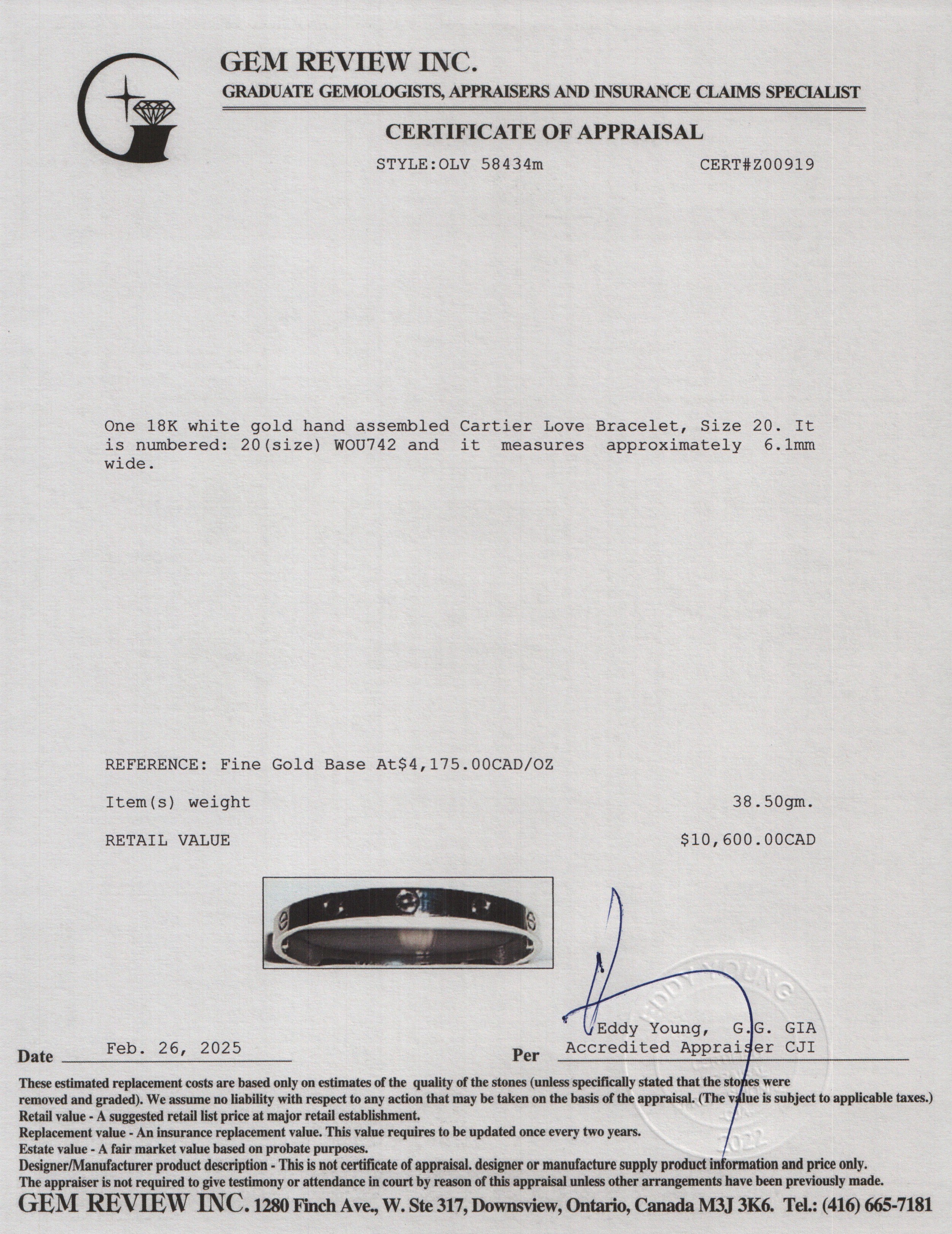 Cartier 18k White Gold Love Bracelet, Size 20