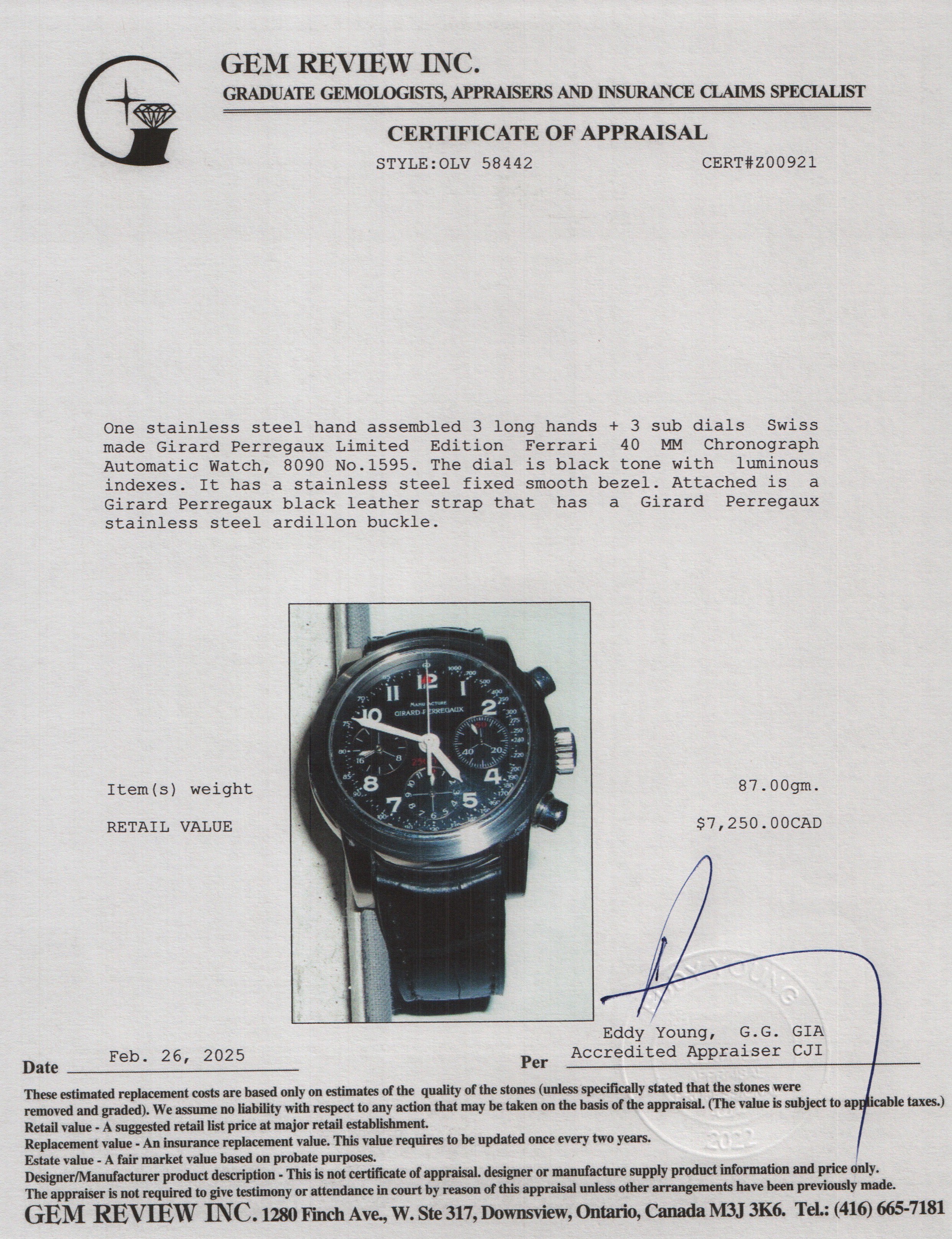 Girard Perregaux Limited Edition Stainless Steel Ferrari 40 MM Chronograph Automatic Watch 8090