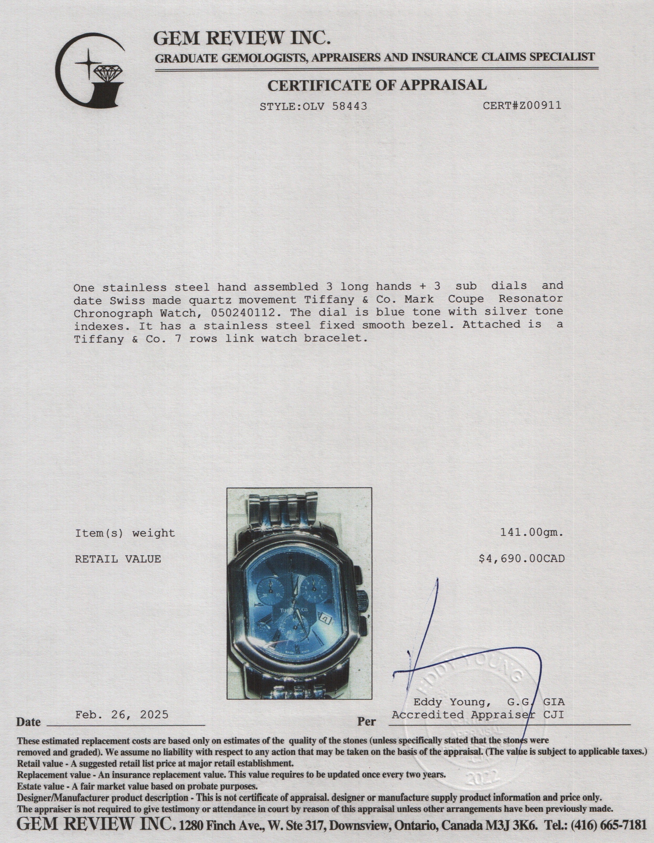 Tiffany & Co. Mark Coupe Stainless Steel Resonator Chronograph Watch Blue Dial