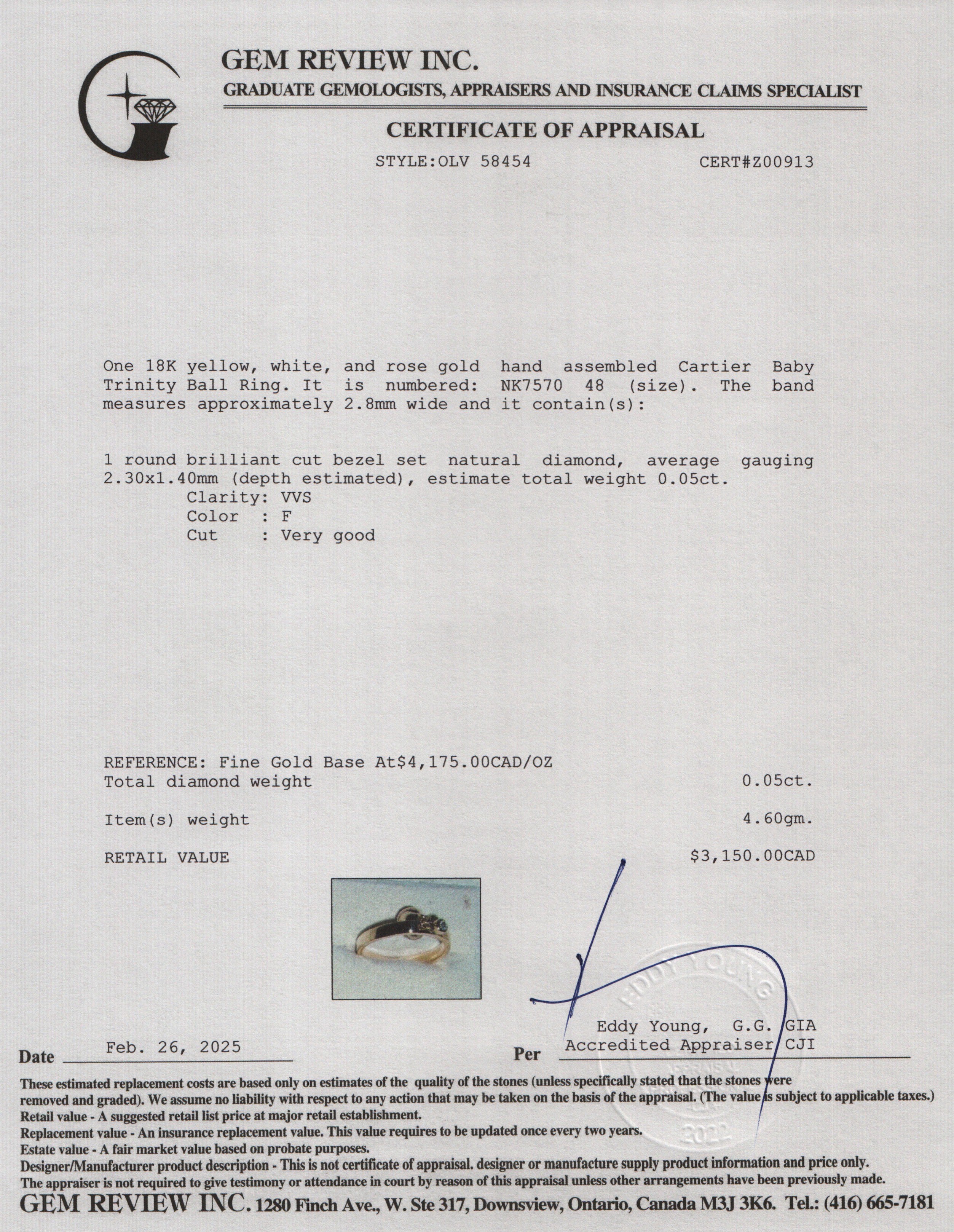 Cartier 18k Yellow, White & Rose Gold Diamond Baby Trinity Ball Ring, Size 7