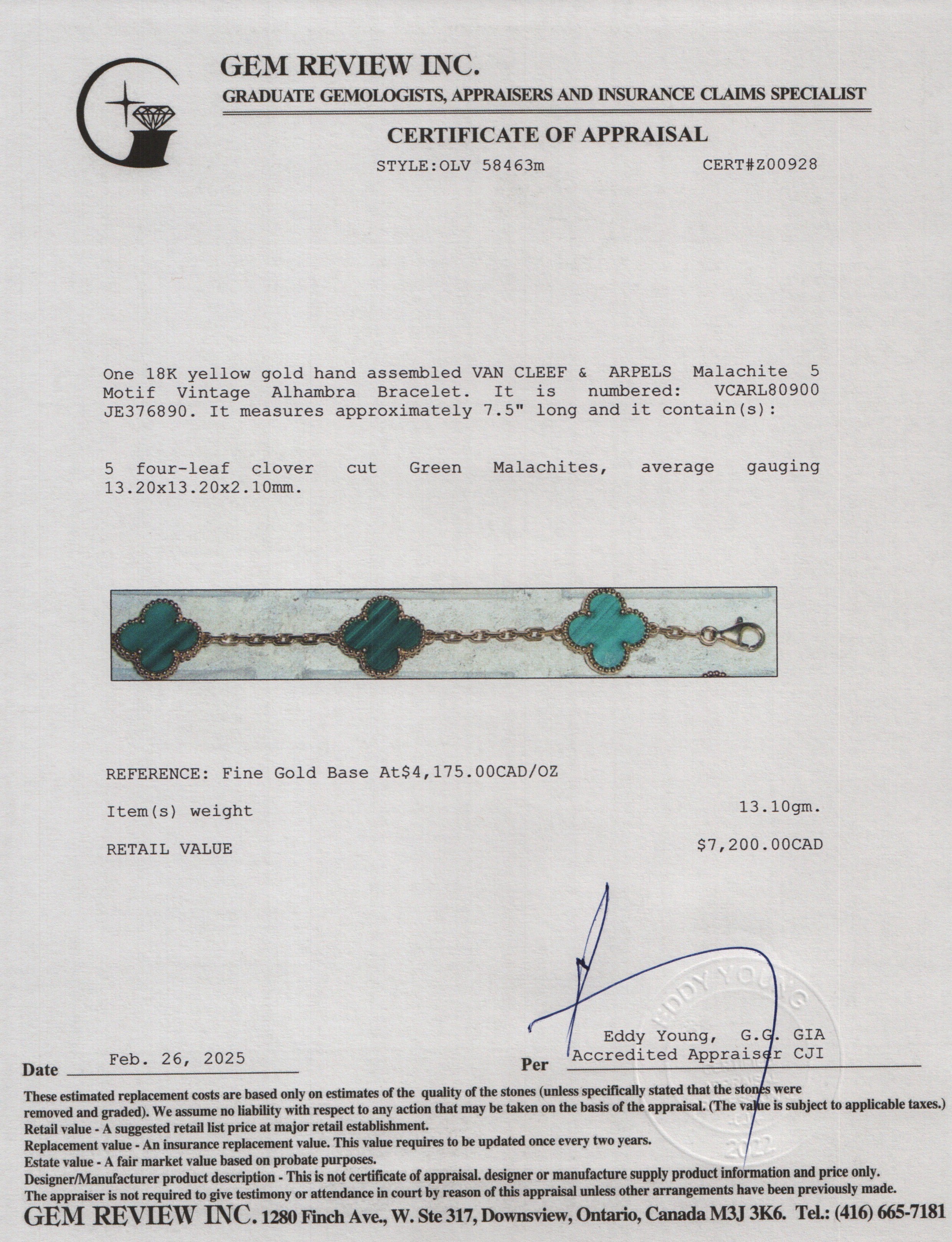 Van Cleef & Arpels 18k Yellow Gold Vintage 5 Motif Malachite Bracelet