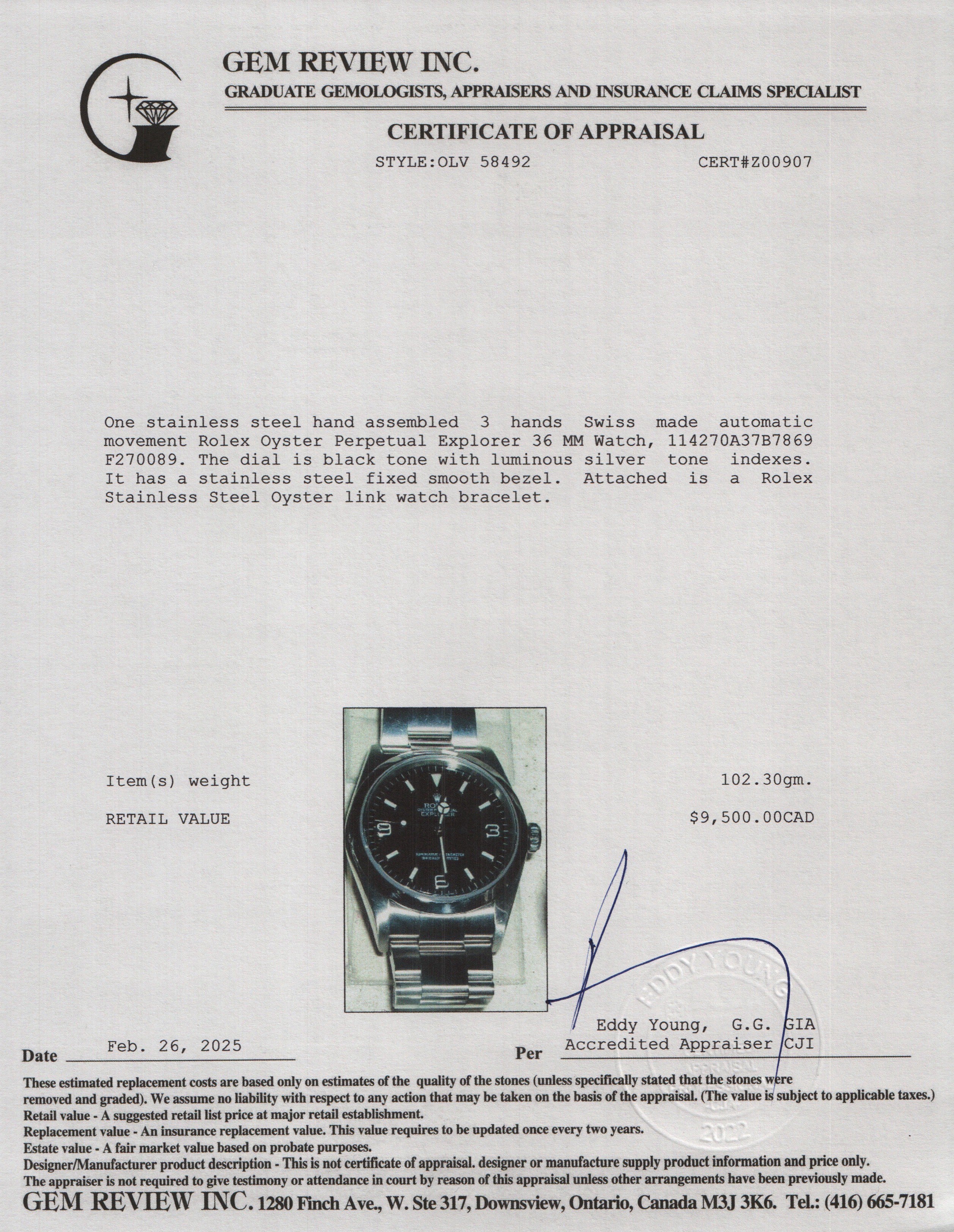 Rolex Stainless Steel Black Dial Oyster Perpetual Explorer 36 MM Watch 114270 w/ Box & Papers