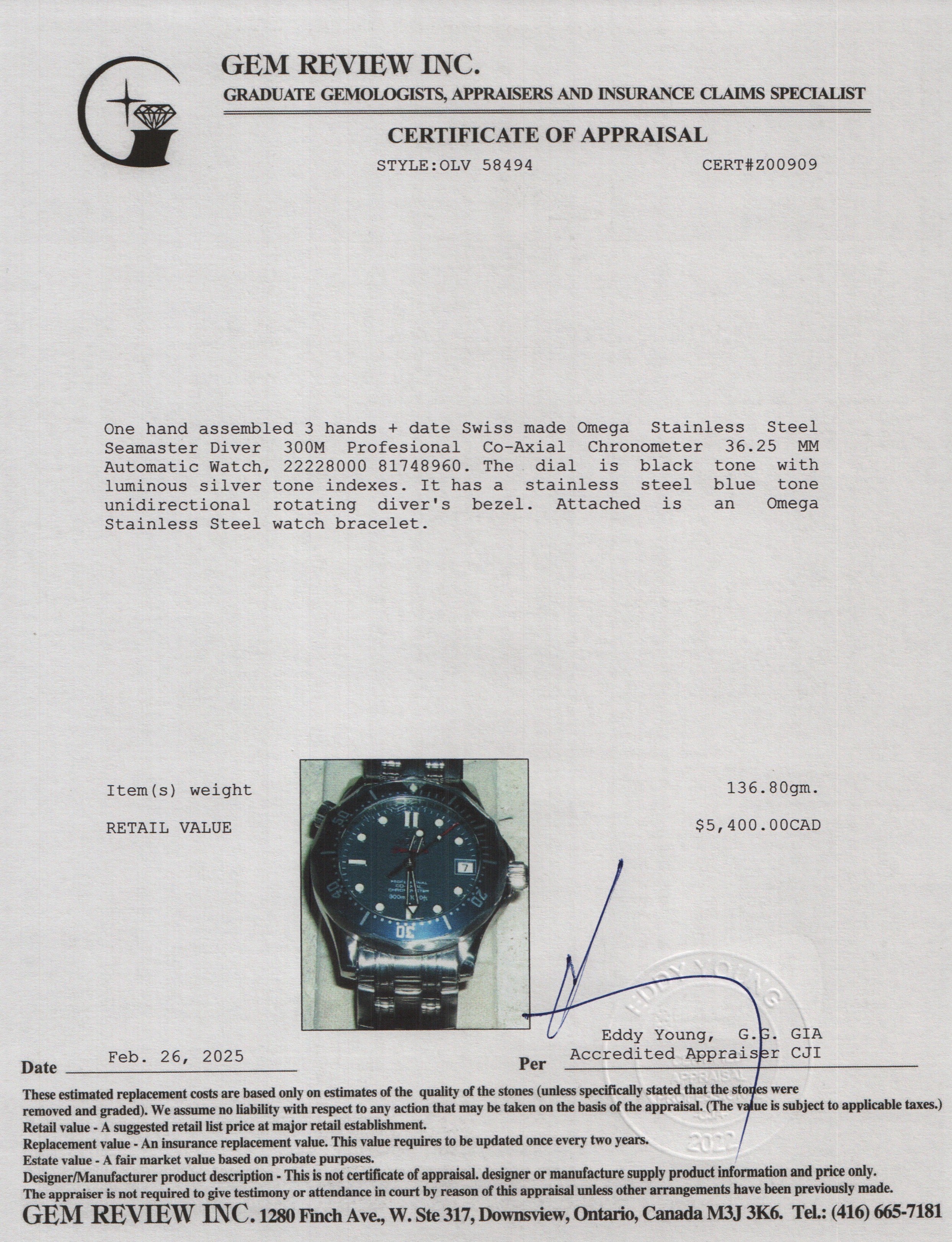 Omega Stainless Steel Seamaster Diver 300M Profesional Co-Axial Chronometer 36.25 MM Automatic Watch w/ Box & Papers