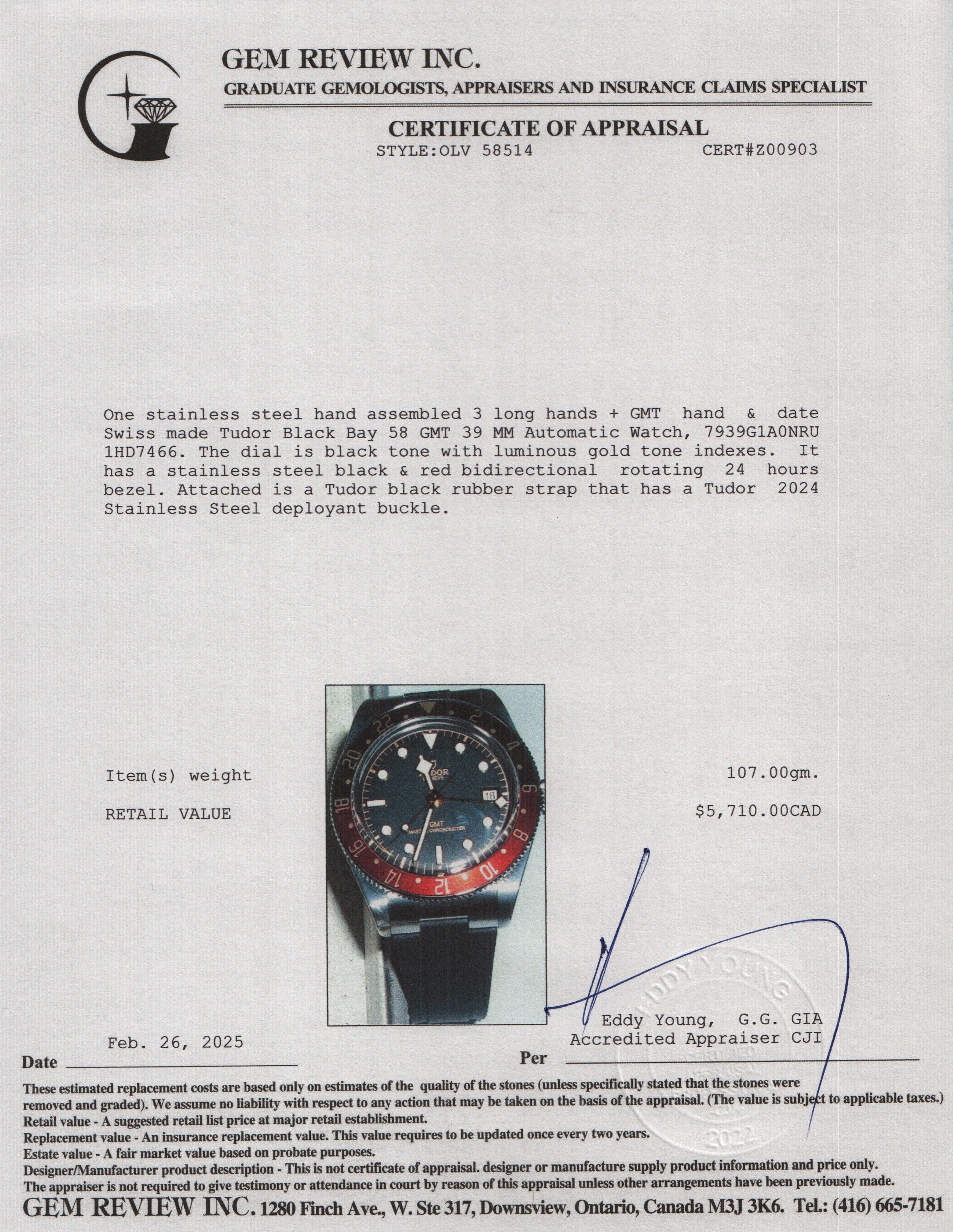 Tudor 2024 Stainless Steel Black Bay 58 GMT 39 MM Automatic Watch 7939G1A0NRU w/ Box & Papers