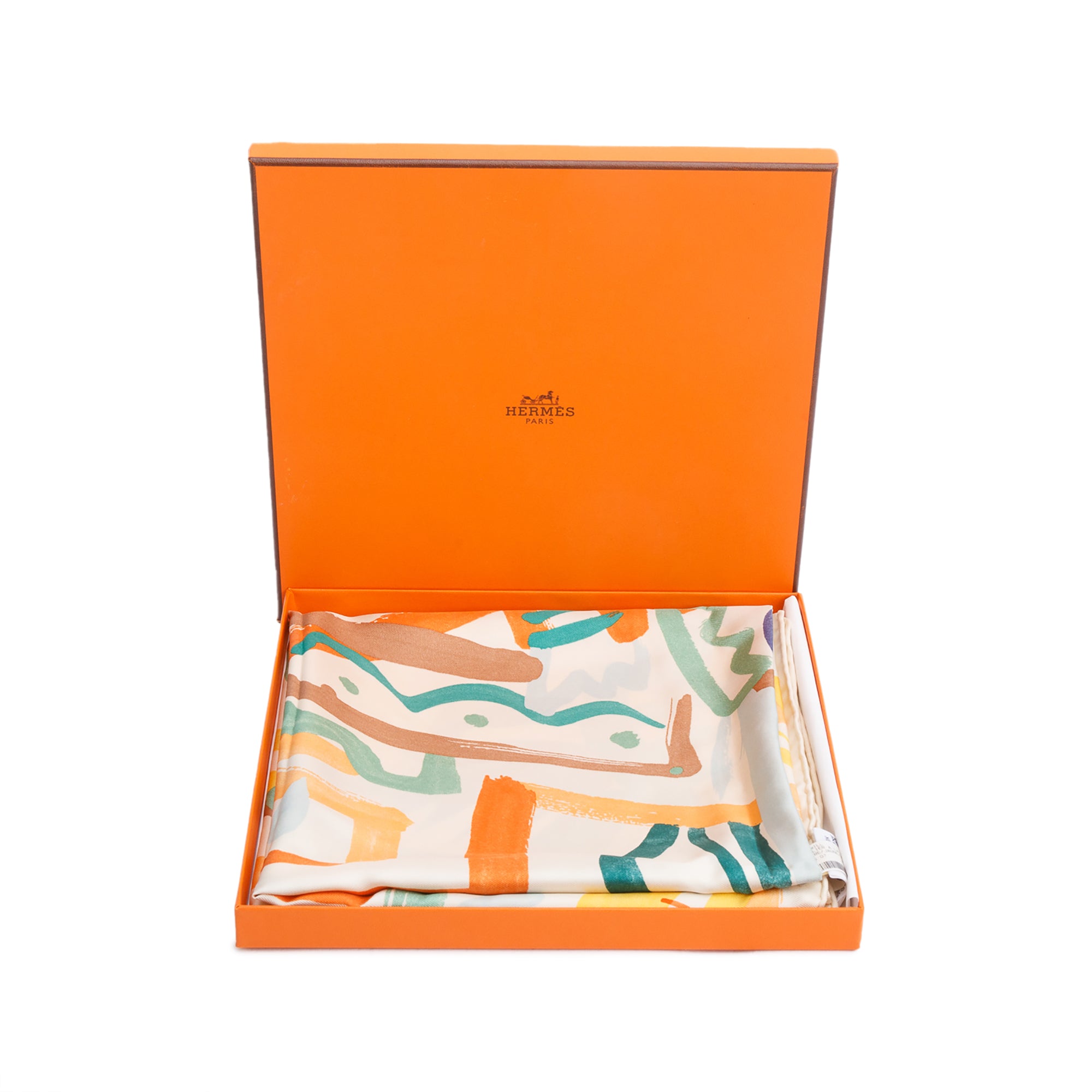 Hermes 2024 Beige/Multicolor 'Le Cavalier A La Trom' Silk Scarf 90 w/ Box & Receipt