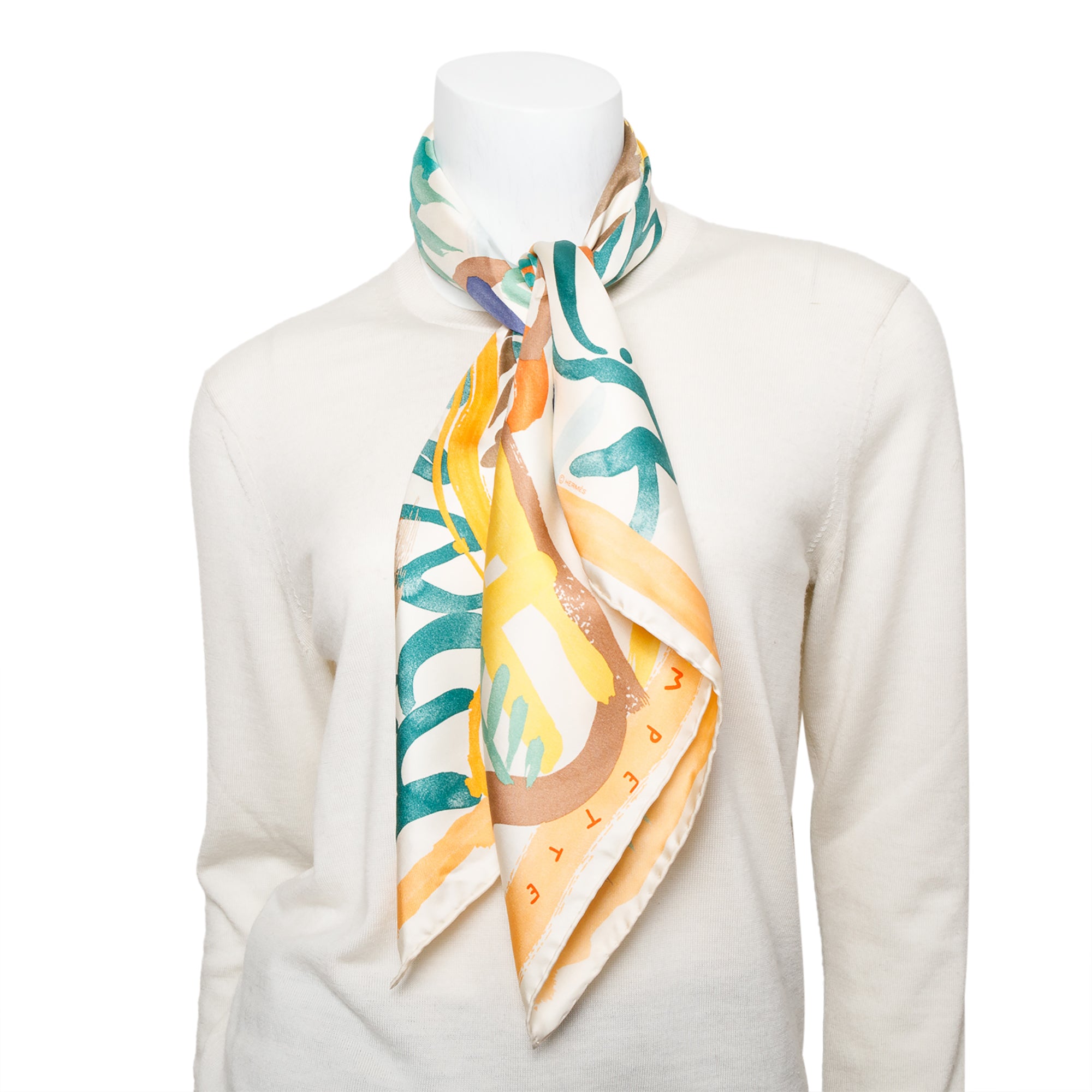 Hermes 2024 Beige/Multicolor 'Le Cavalier A La Trom' Silk Scarf 90 w/ Box & Receipt