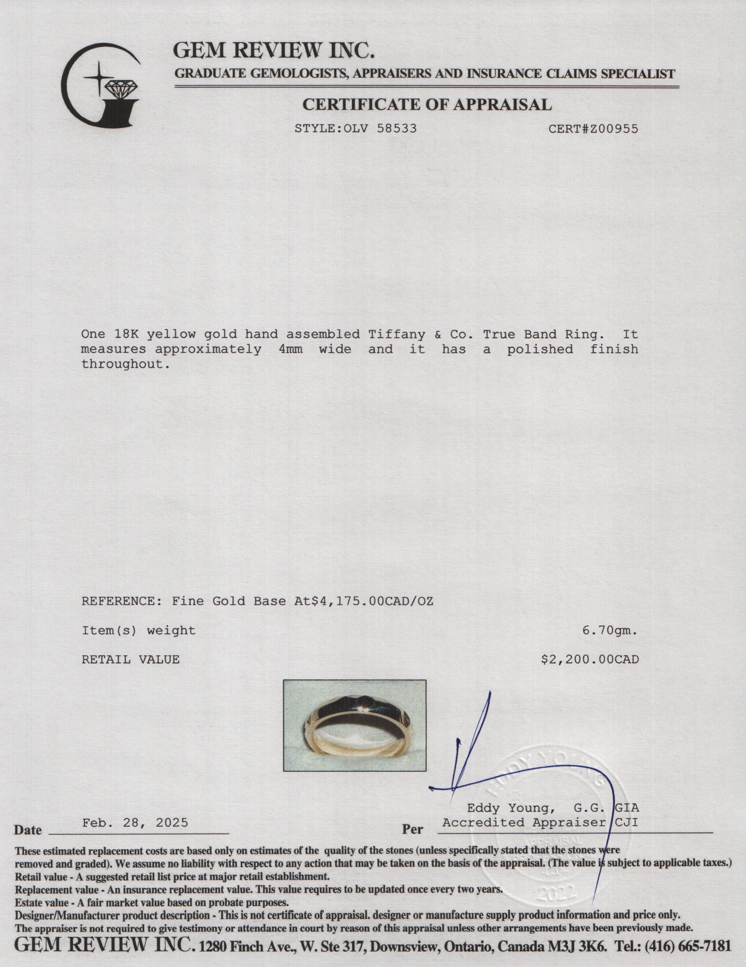 Tiffany & Co. 18k Yellow Gold True 4 MM Band Ring, Size 9.5 w/ Box