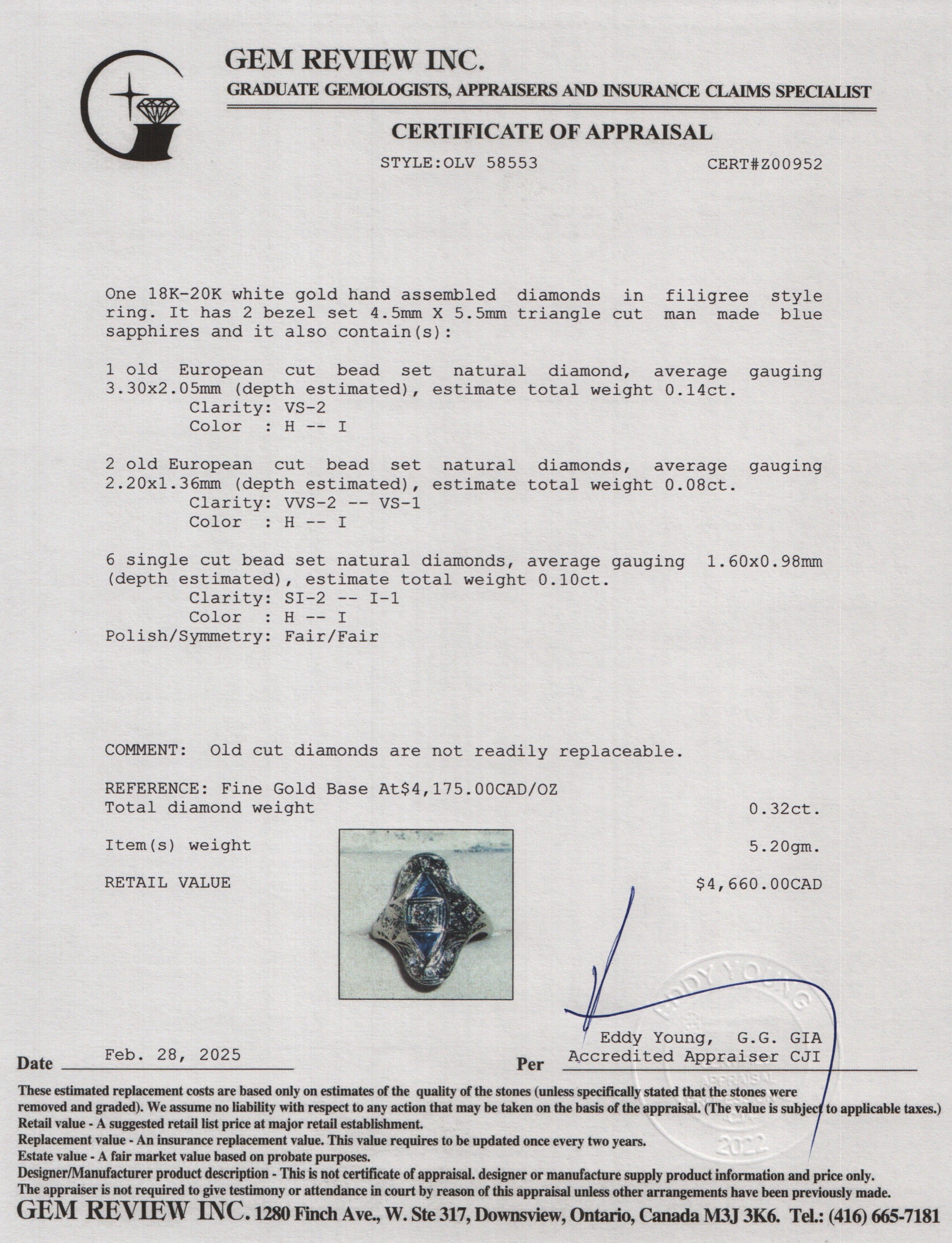 Antique 18k-20k White Gold Sapphire & Diamond Filigree Ring, Size 8.5