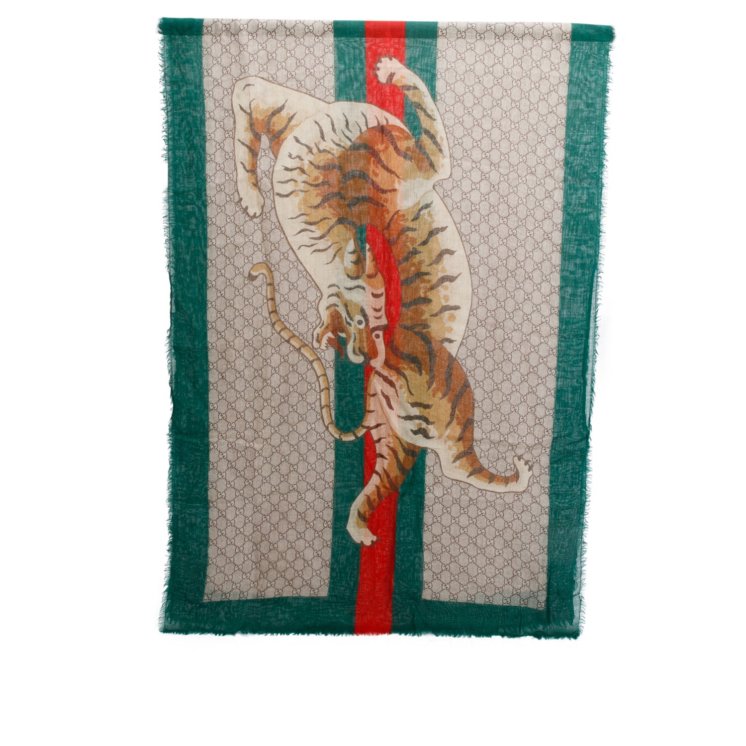 Gucci Beige/Green/Red GG Web Tiger Print Wool Scarf