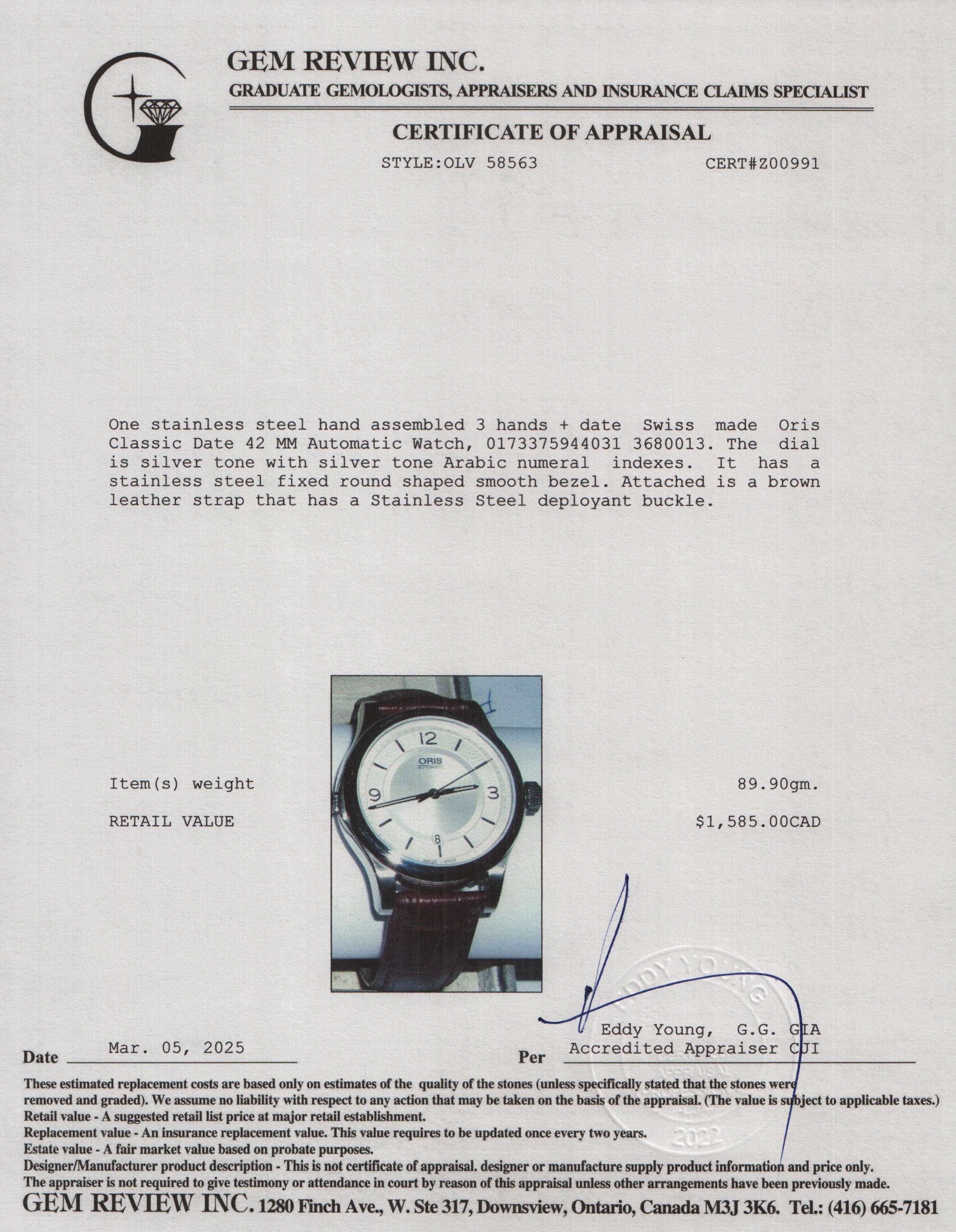 Oris Stainless Steel Classic Date 42 MM Automatic Watch w/ Box & Papers