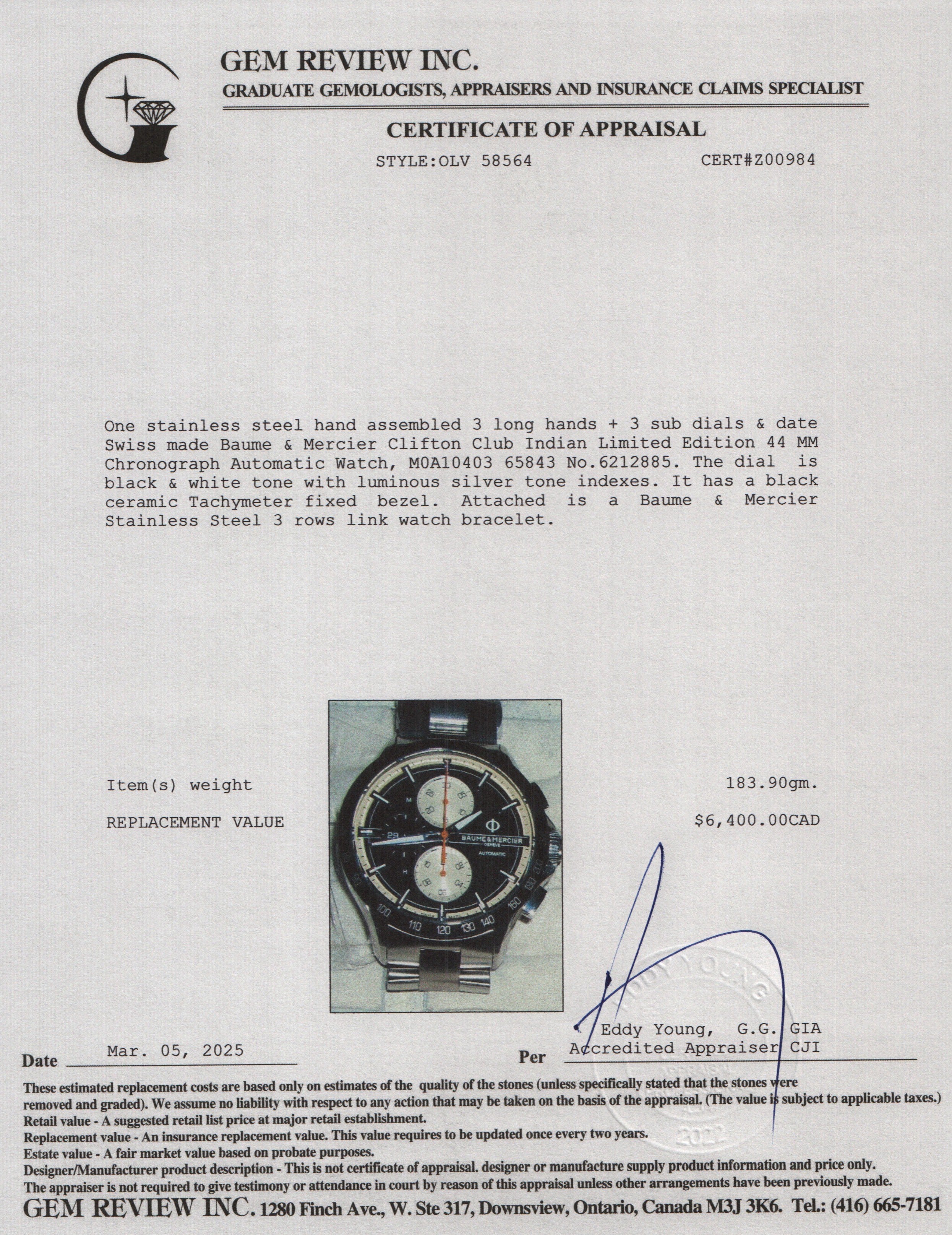 Baume & Mercier Stainless Steel Clifton Club Indian Limited Edition 44 MM Chronograph Automatic Watch w/ Box & Papers