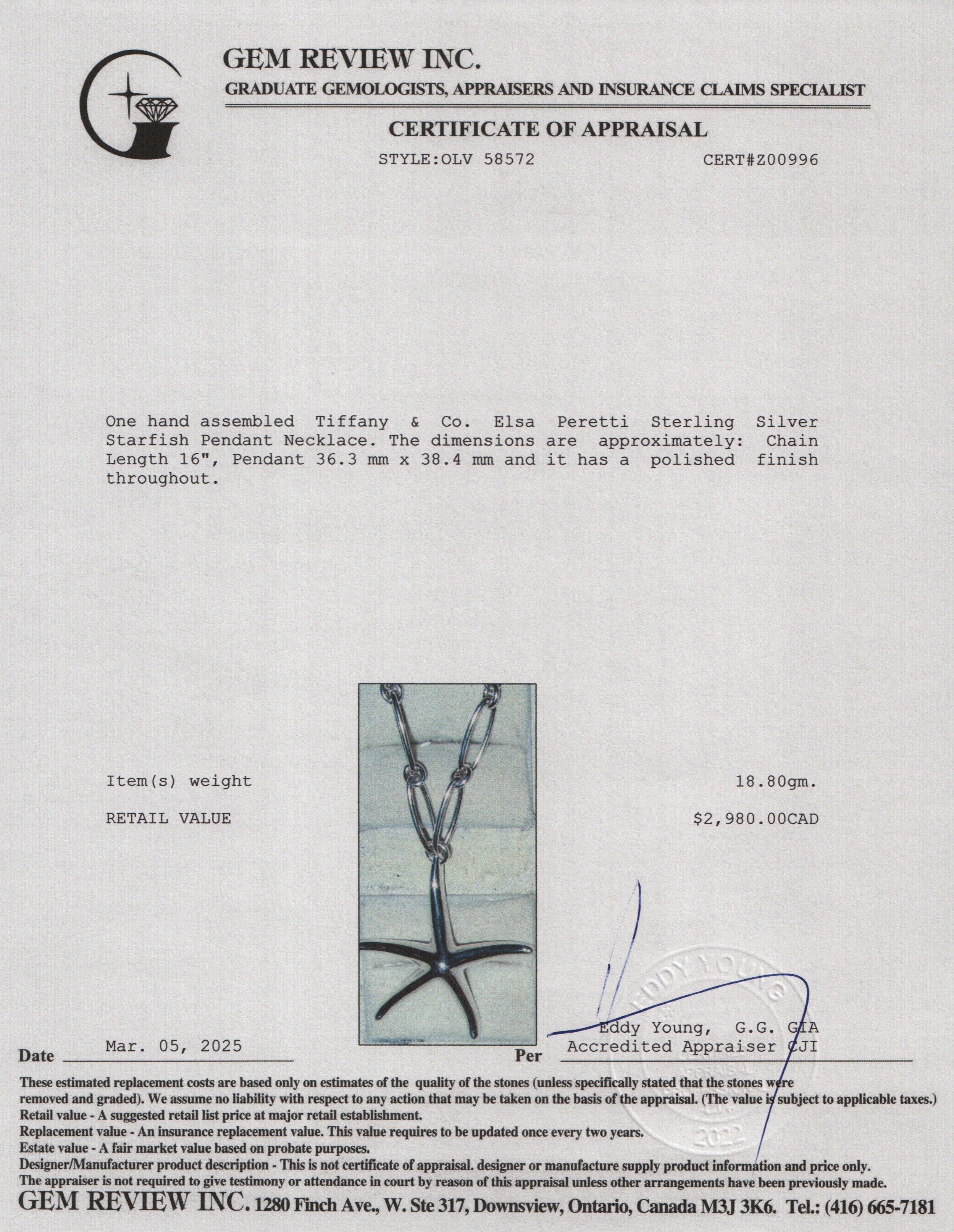 Tiffany & Co. Elsa Peretti Sterling Silver Starfish Pendant Necklace