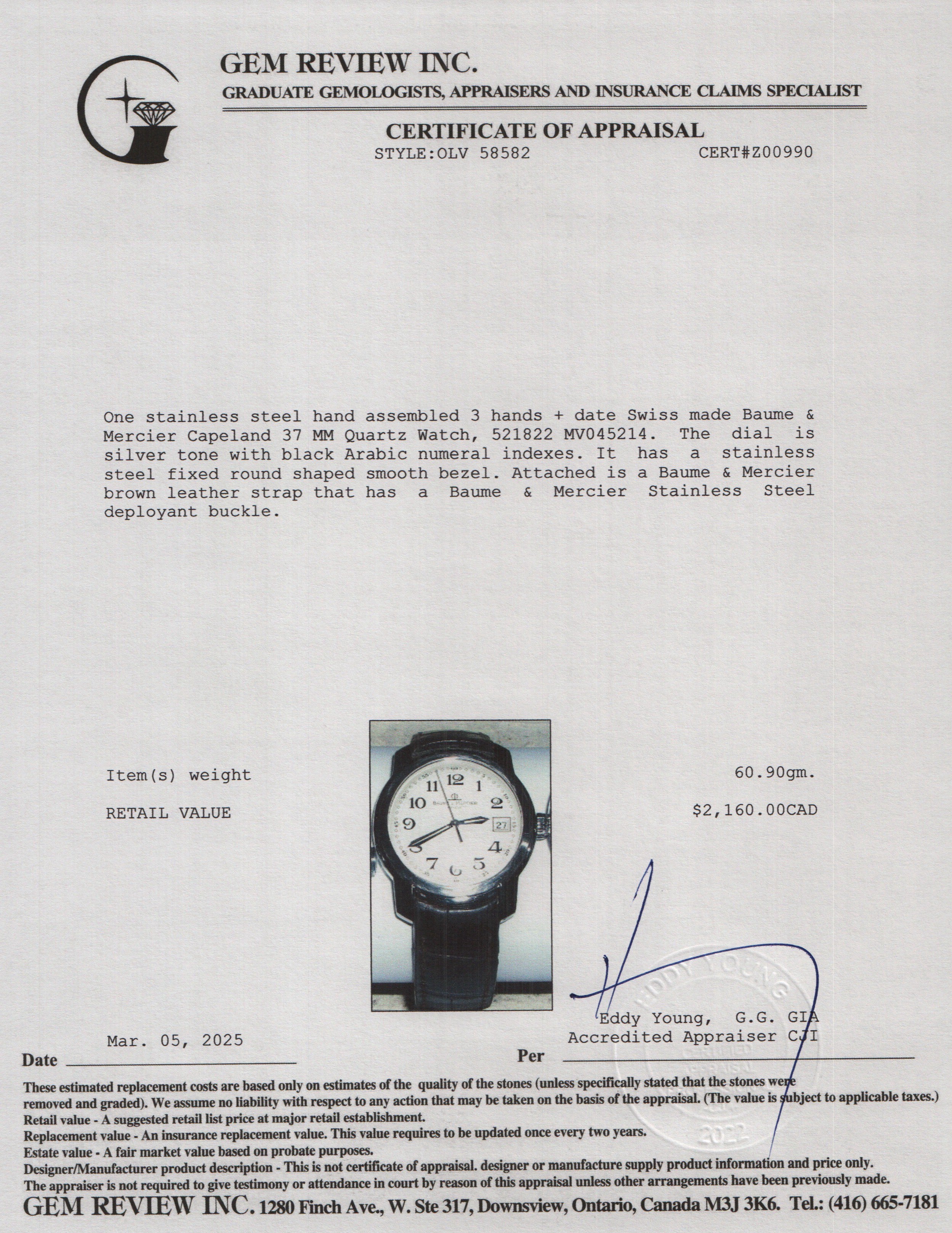 Baume & Mercier Stainless Steel Capeland 37 MM Quartz Watch