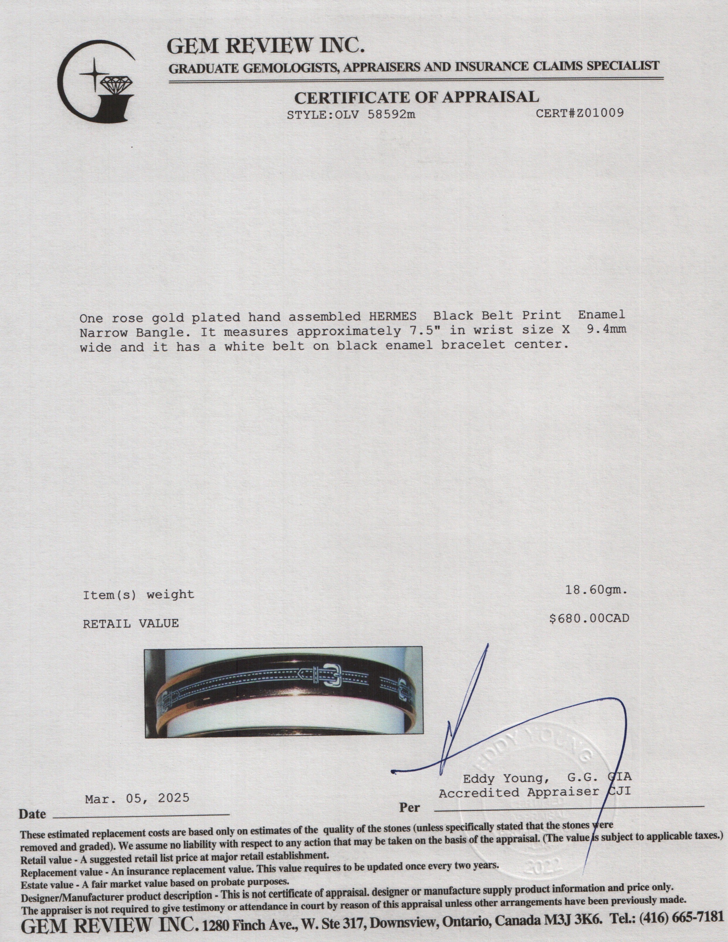 Hermes Rose Gold-Plated Black Belt Print Enamel Narrow Bangle