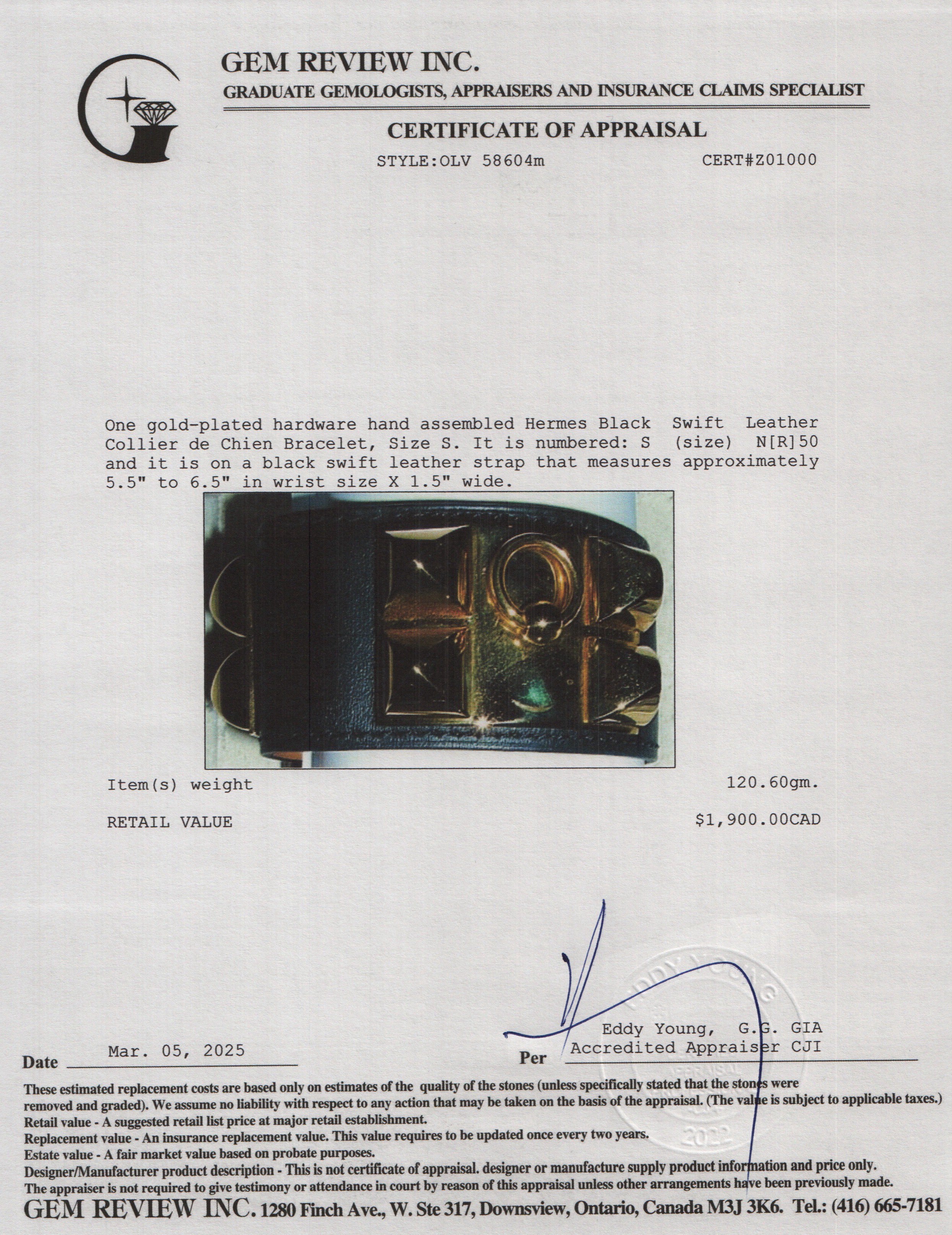 Hermes Gold-Plated Graphite Swift Leather Collier de Chien Bracelet, Size S