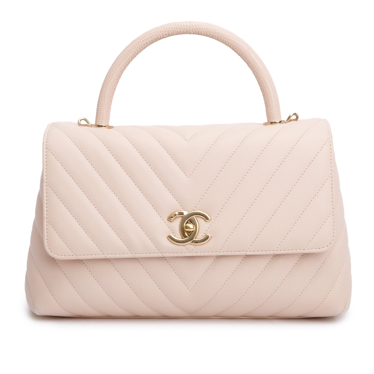 Chanel 2020 Pink Chevron Quilted Caviar Leather Medium Coco Handle Bag w/ Strap & Authenticity Card