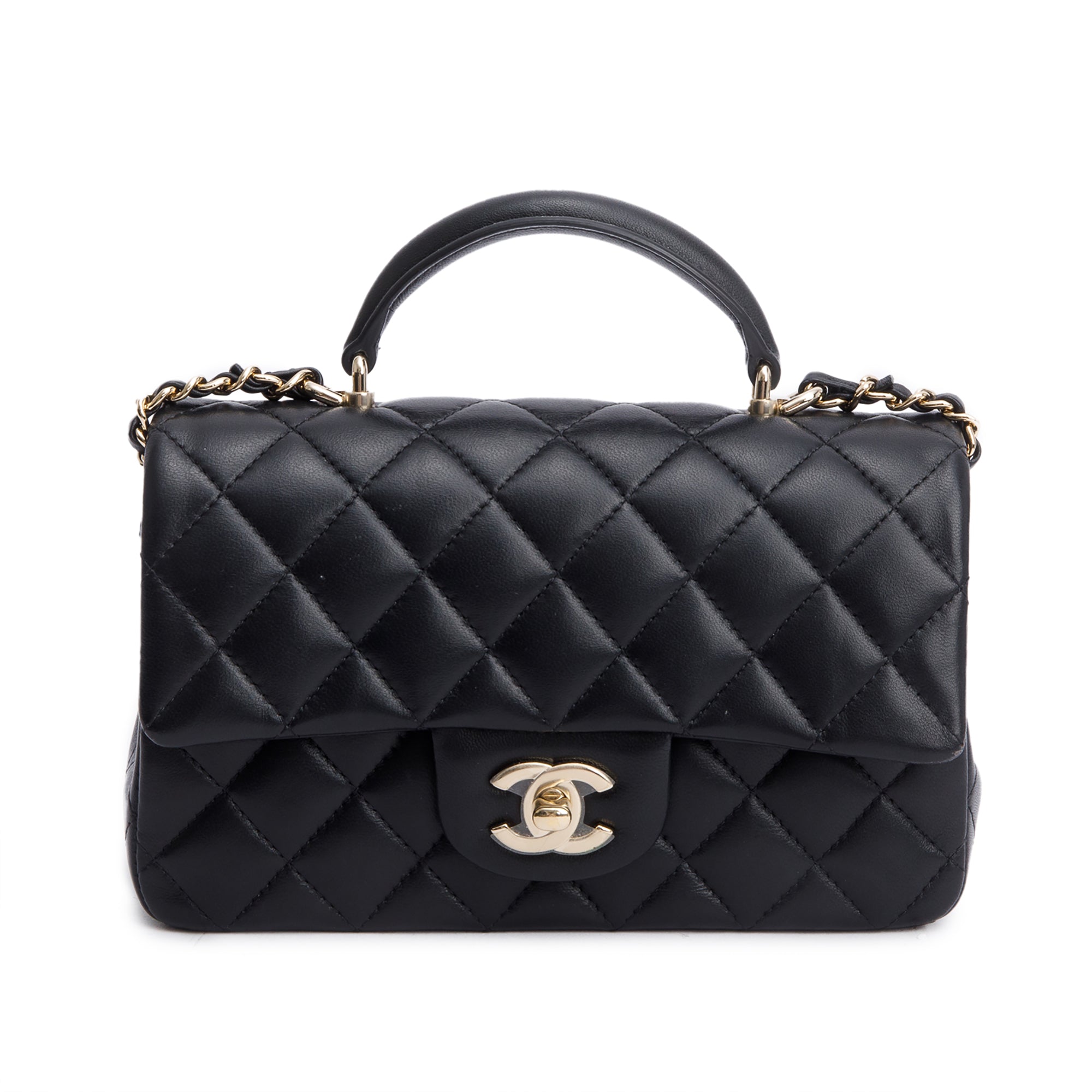 Chanel 2023 Black Quilted Lambskin Leather Mini Top Handle Rectangular Flap Bag