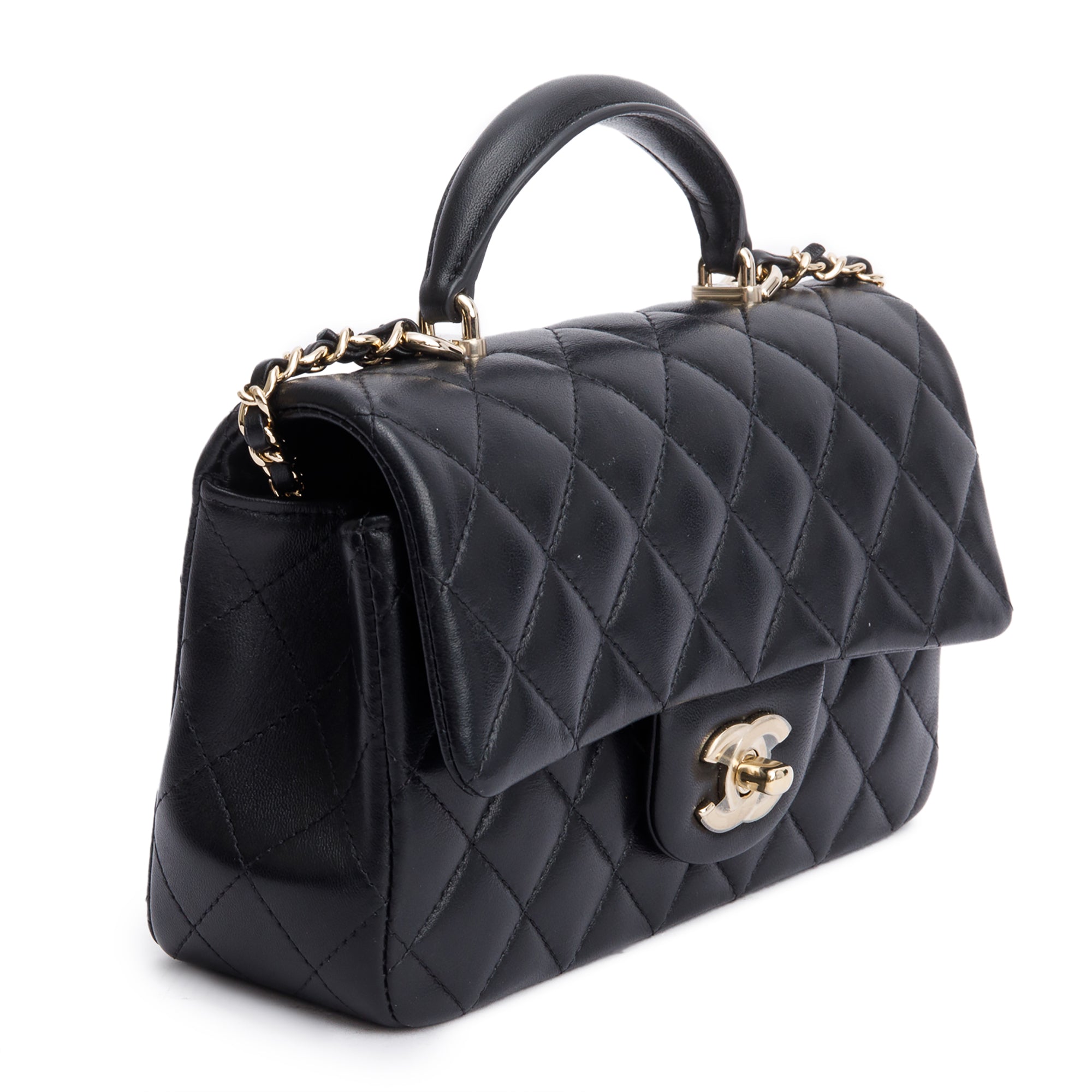 Chanel 2023 Black Quilted Lambskin Leather Mini Top Handle Rectangular Flap Bag