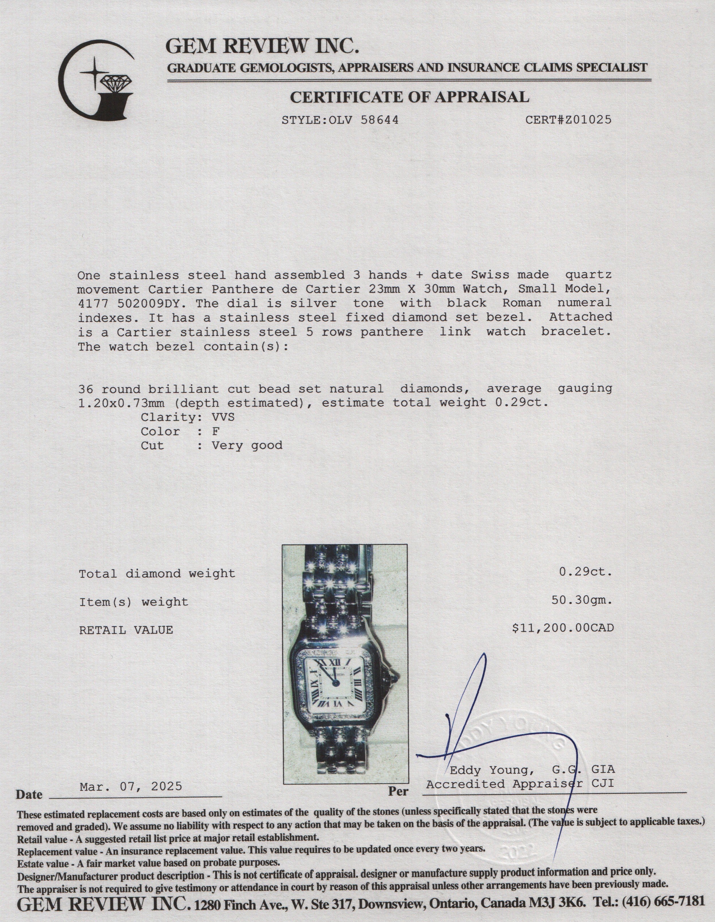Cartier 2025 Stainless Steel Diamond Bezel Panthere de Cartier Watch, Small Model 4177 w/ Box & Papers