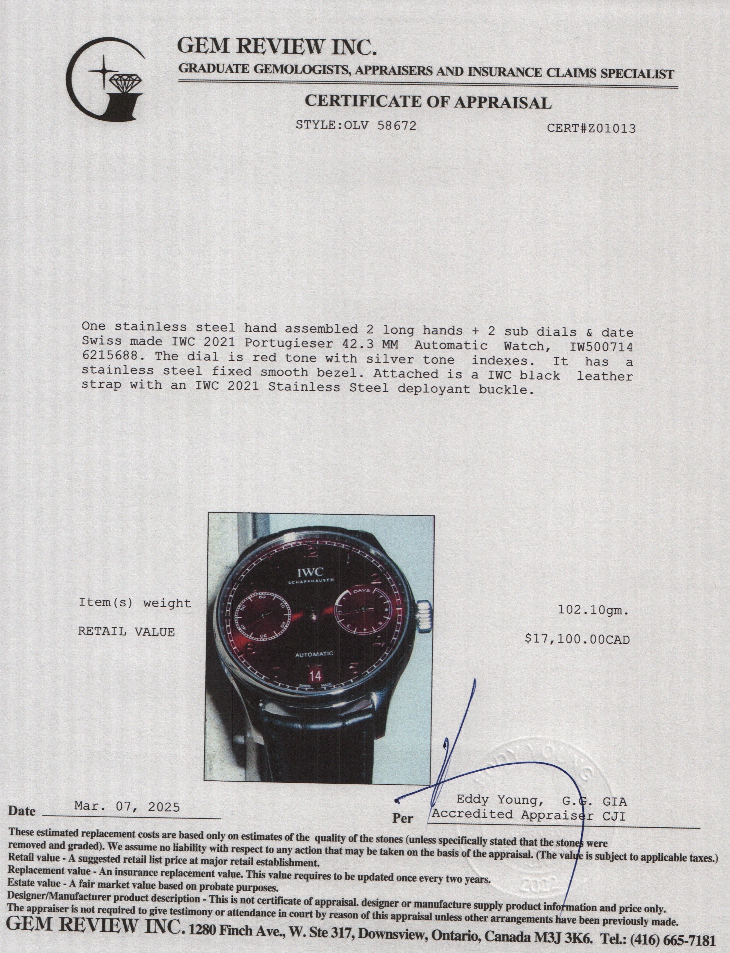 IWC 2021 Stainless Steel Portugieser 42.3 MM Automatic Watch Red Dial IW500714 w/ Box & Papers