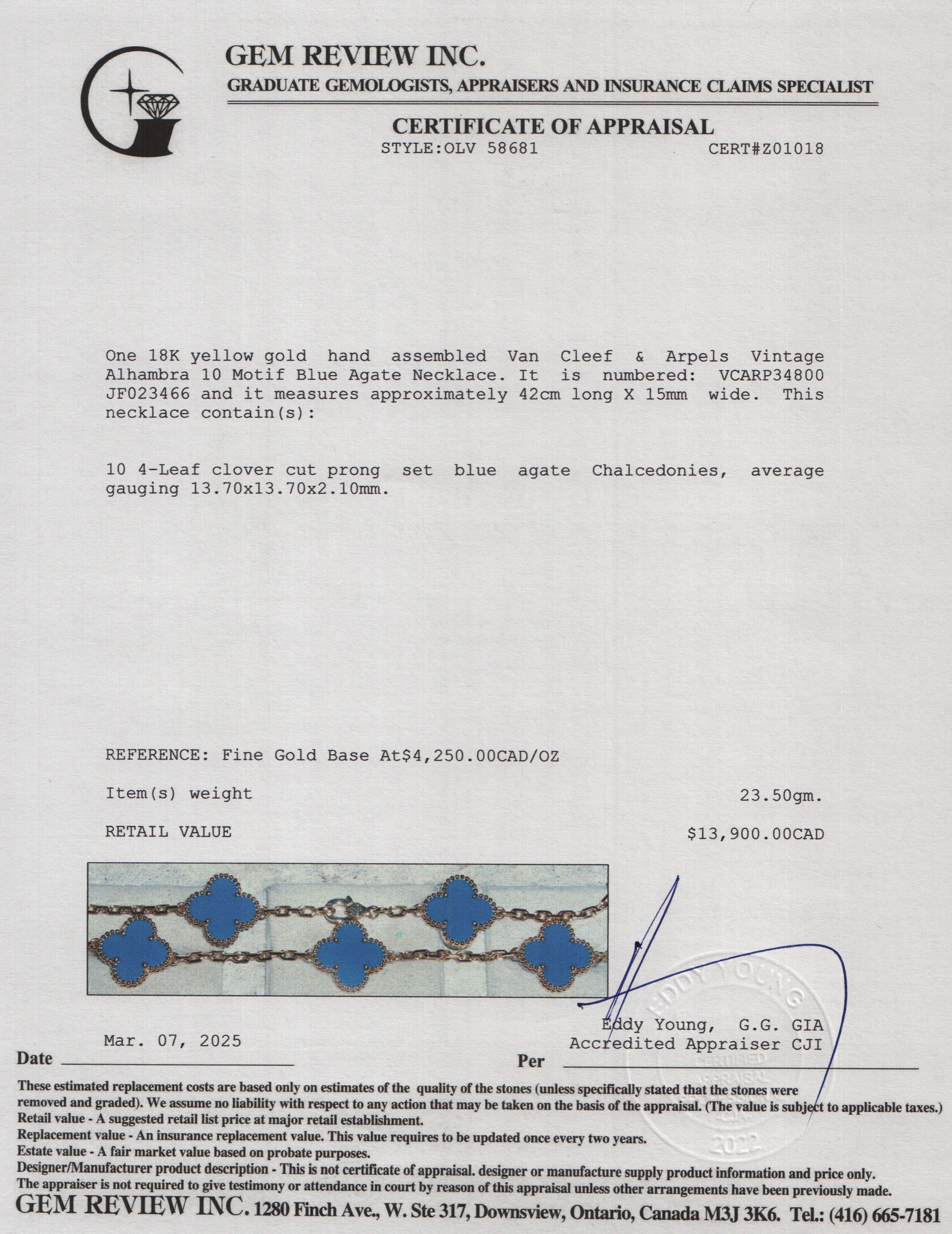 Van Cleef & Arpels 2023 18k Yellow Gold Vintage Alhambra 10 Motif Blue Agate Necklace w/ Box & Certificate