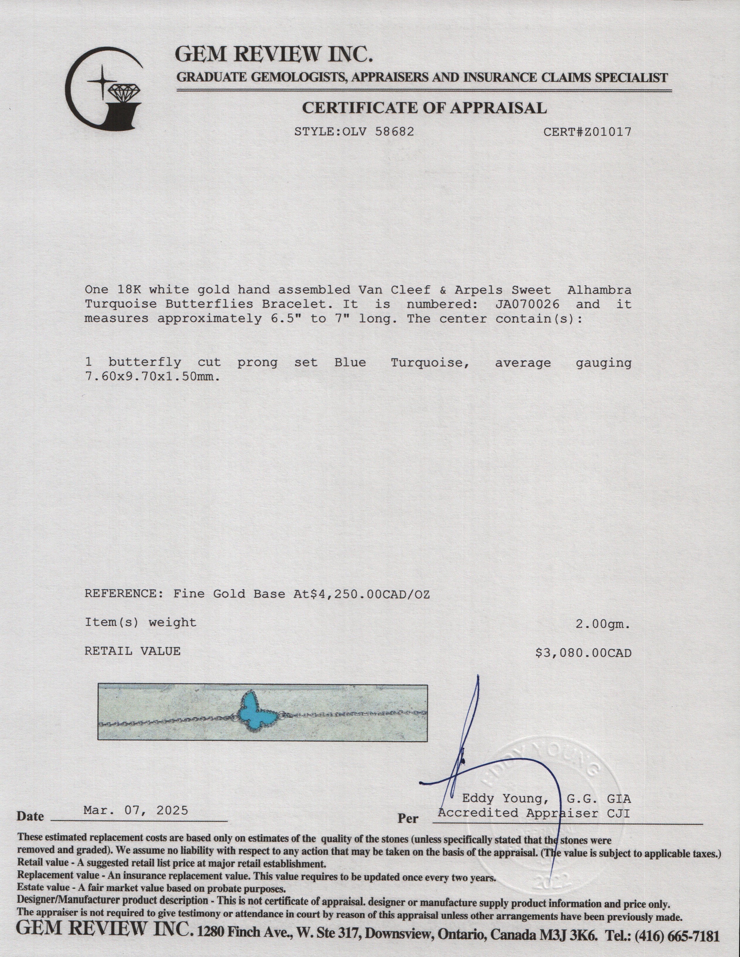 Van Cleef & Arpels 18k White Gold Sweet Alhambra Turquoise Butterflies Bracelet w/ Box