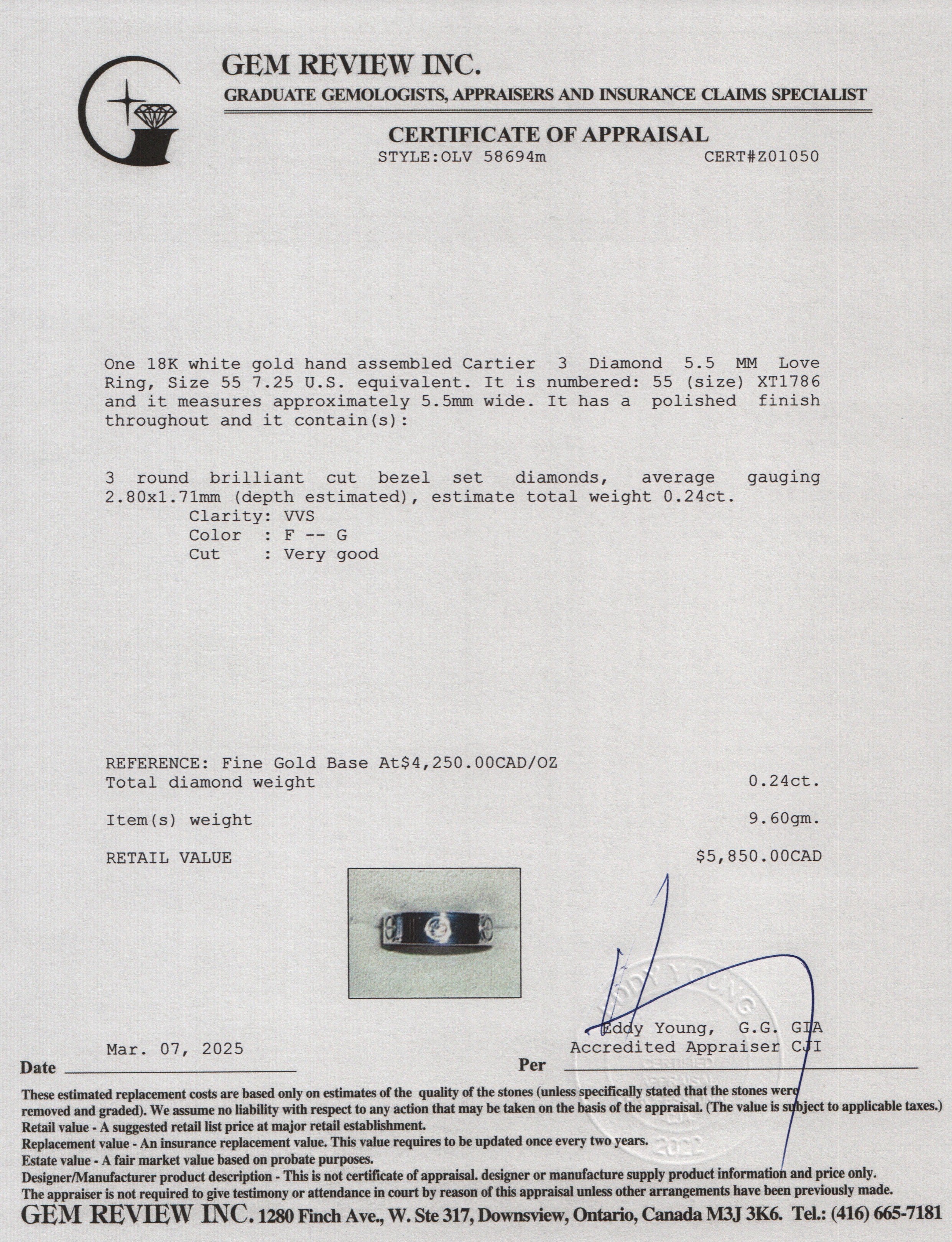 Cartier 18k White Gold 3 Diamond 5.5 MM Love Ring, Size 55 7.25