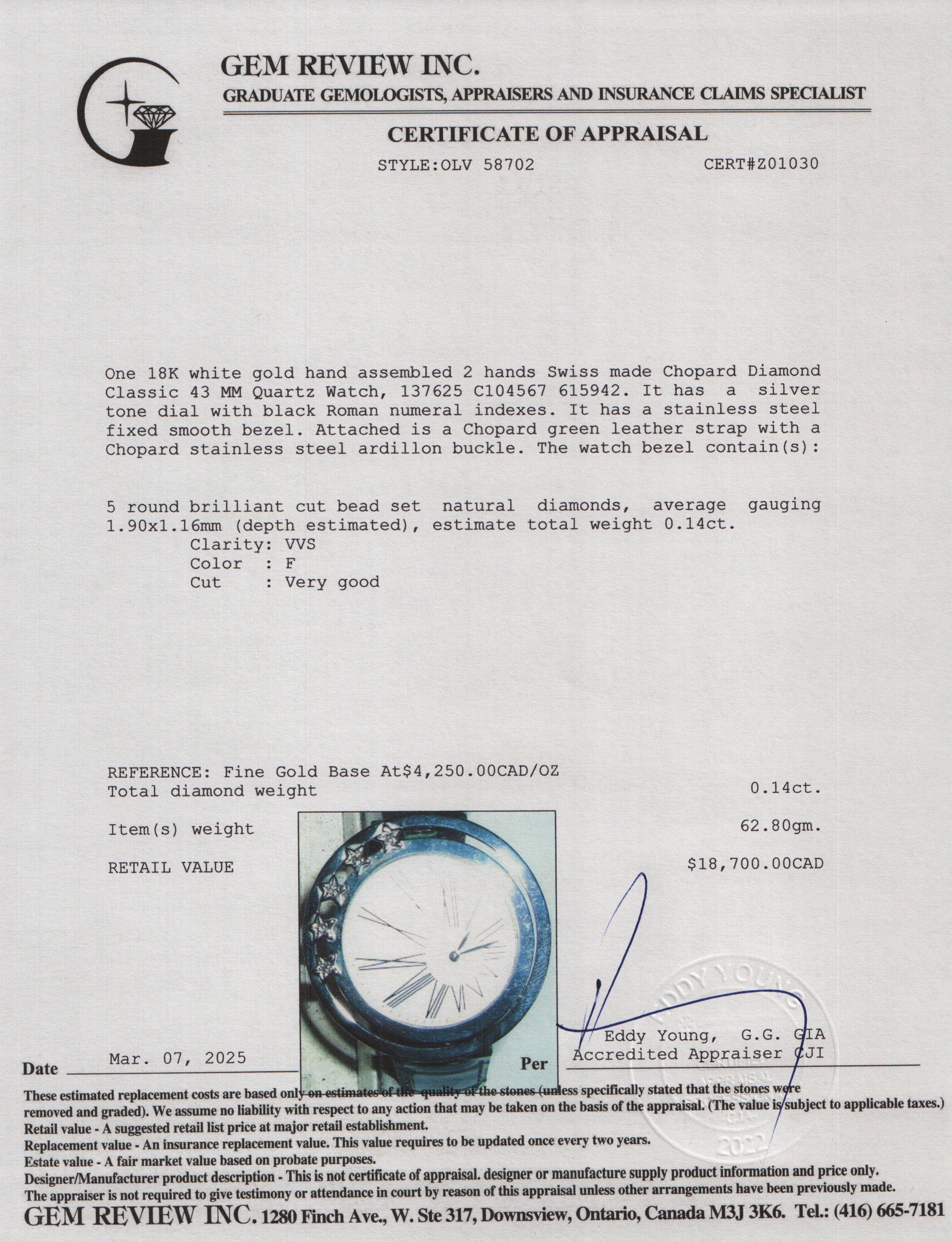 Chopard 18k White Gold Diamond Classic 43 MM Quartz Watch