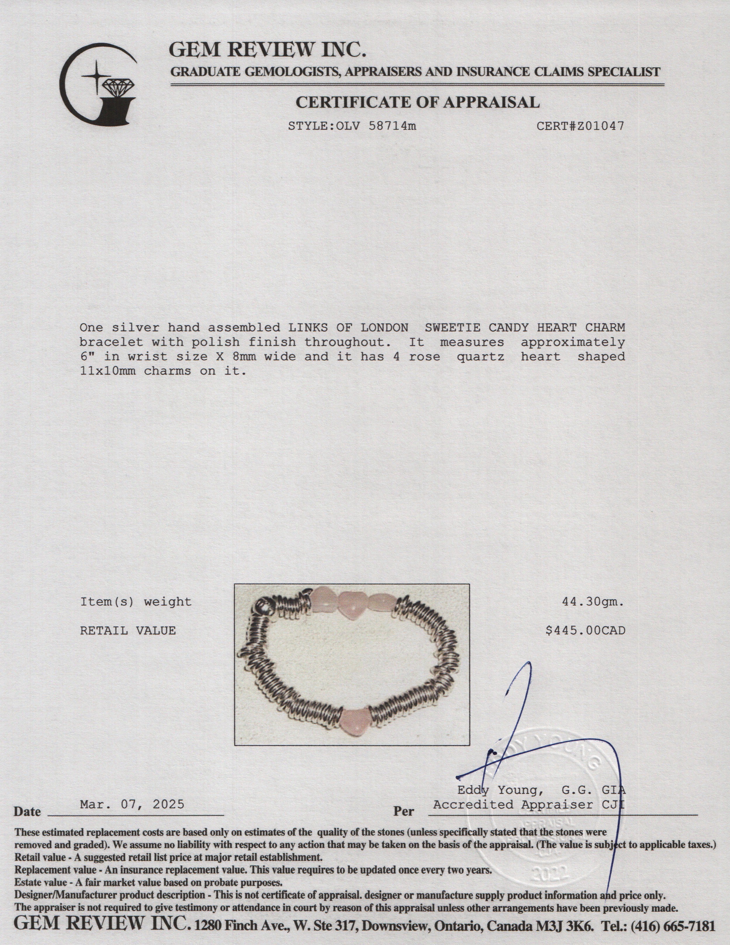 Links of London Sterling Silver Rose Quartz Candy Hearts Sweetie Charm Bracelet w/ Box