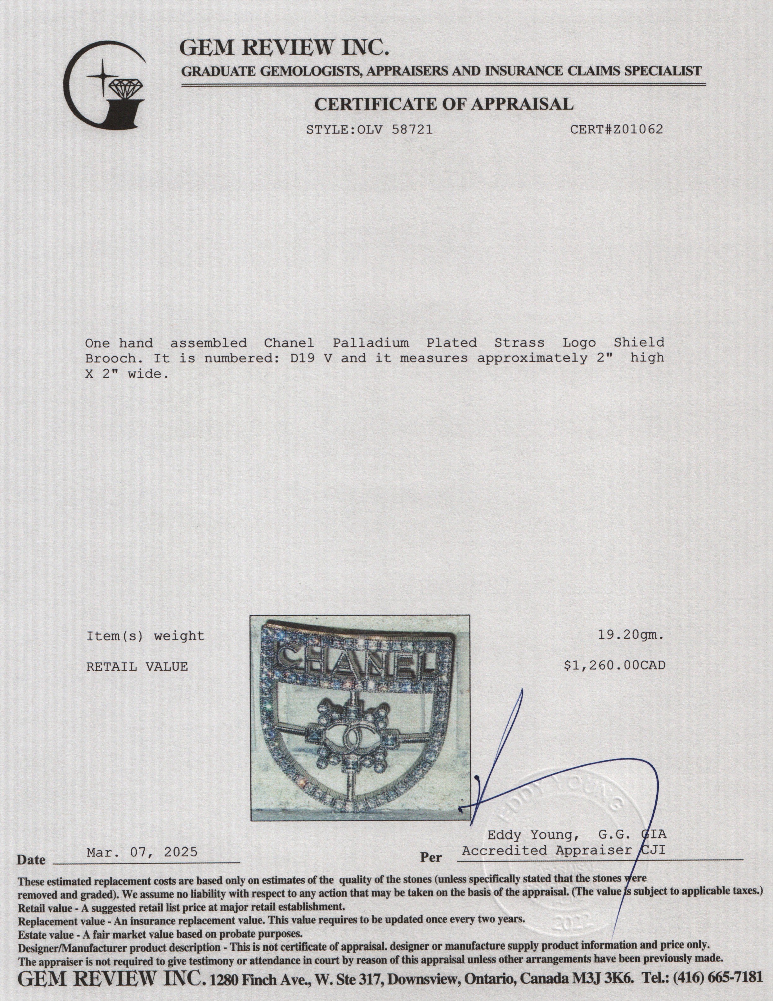 Chanel Palladium Plated Strass Logo Shield Brooch