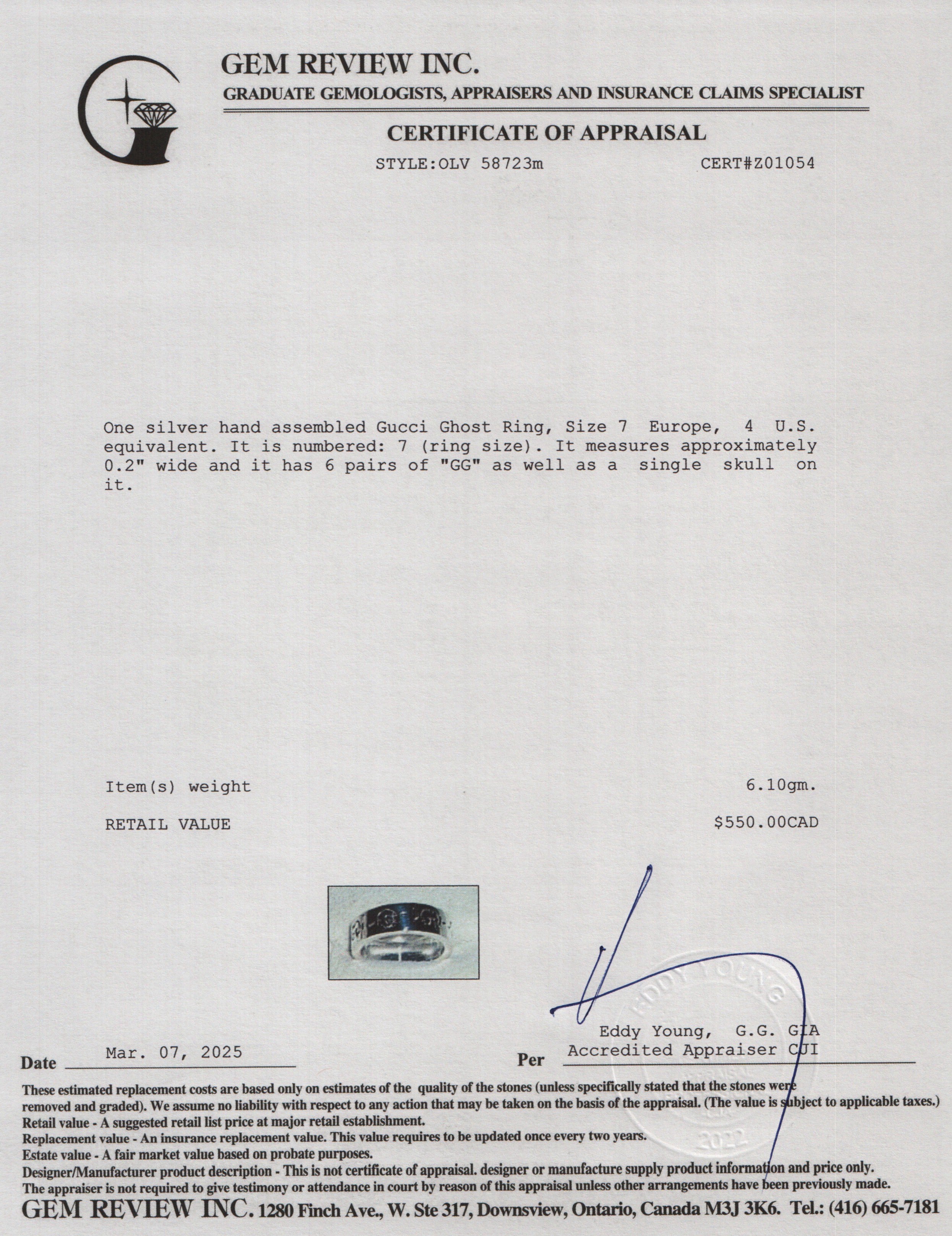 Gucci Sterling Silver Ghost Ring, Size 7 4 w/ Box