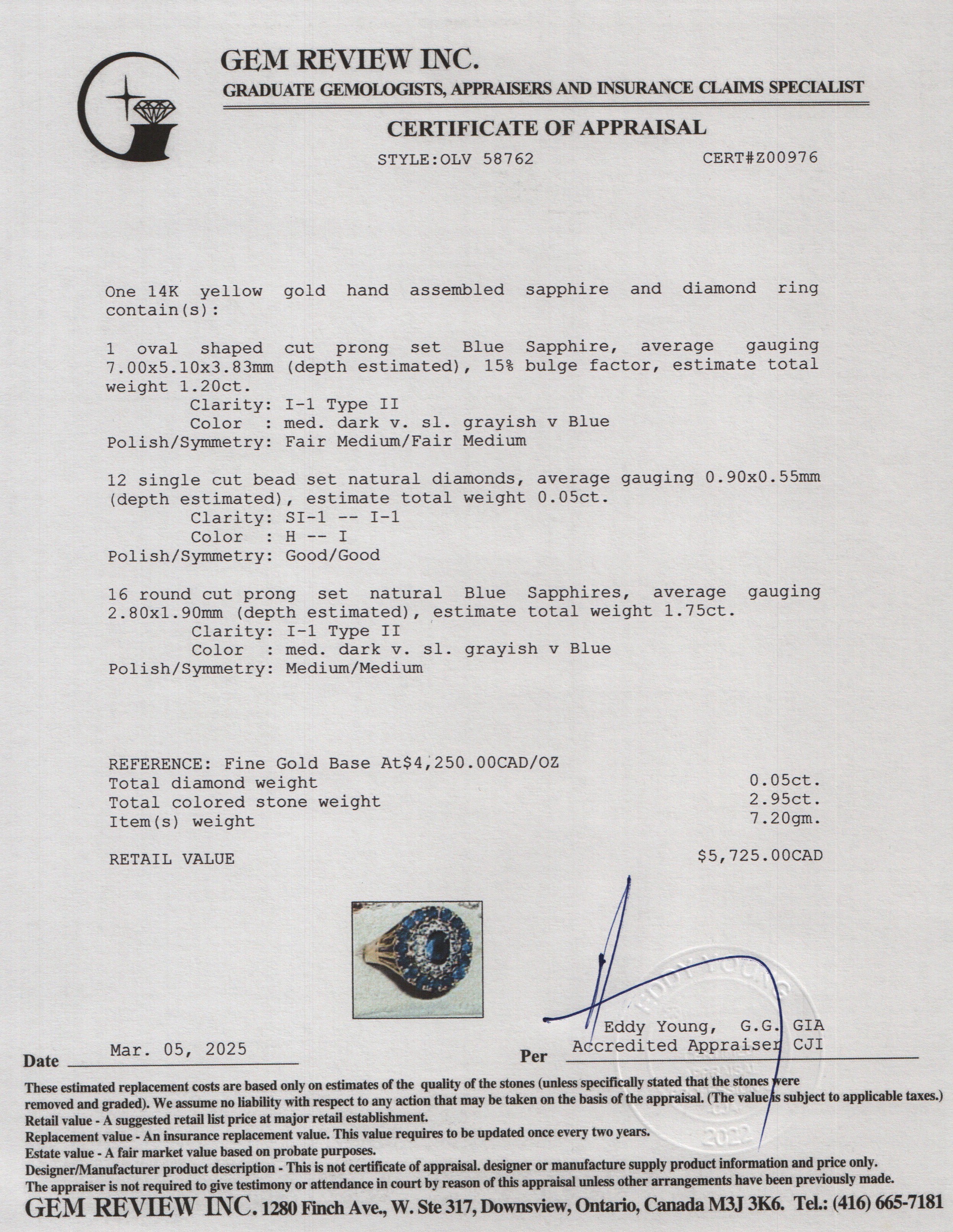 14k Yellow Gold Blue Sapphire & Diamond Ring, Size 11.75