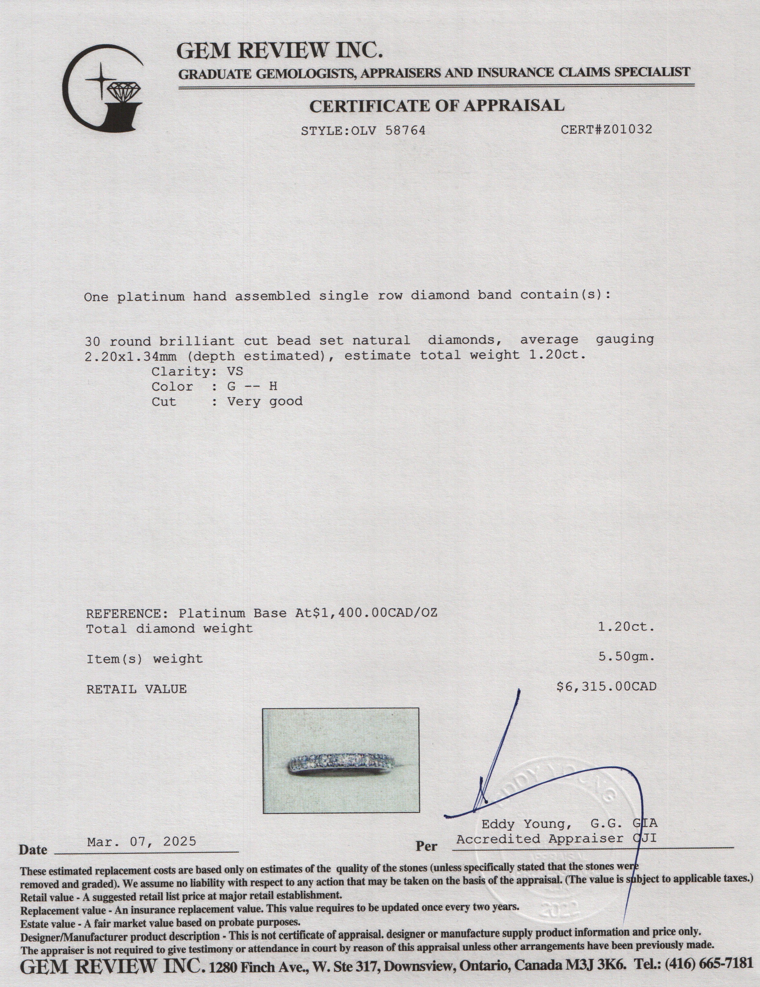 Platinum 1.20 tcw. Diamond Eternity Band Ring, Size 6