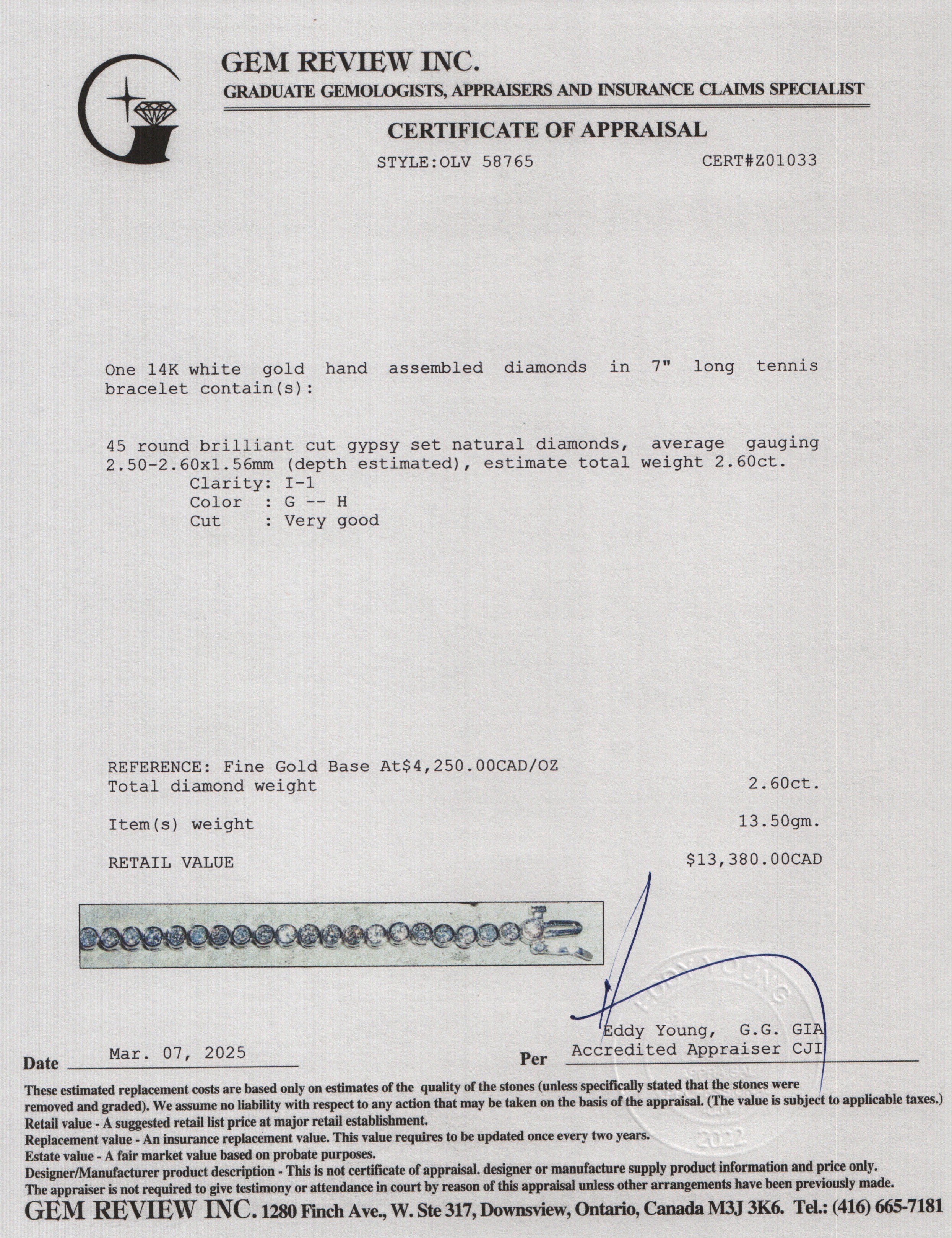 14k White Gold 2.60 tcw. Diamond Tennis Bracelet