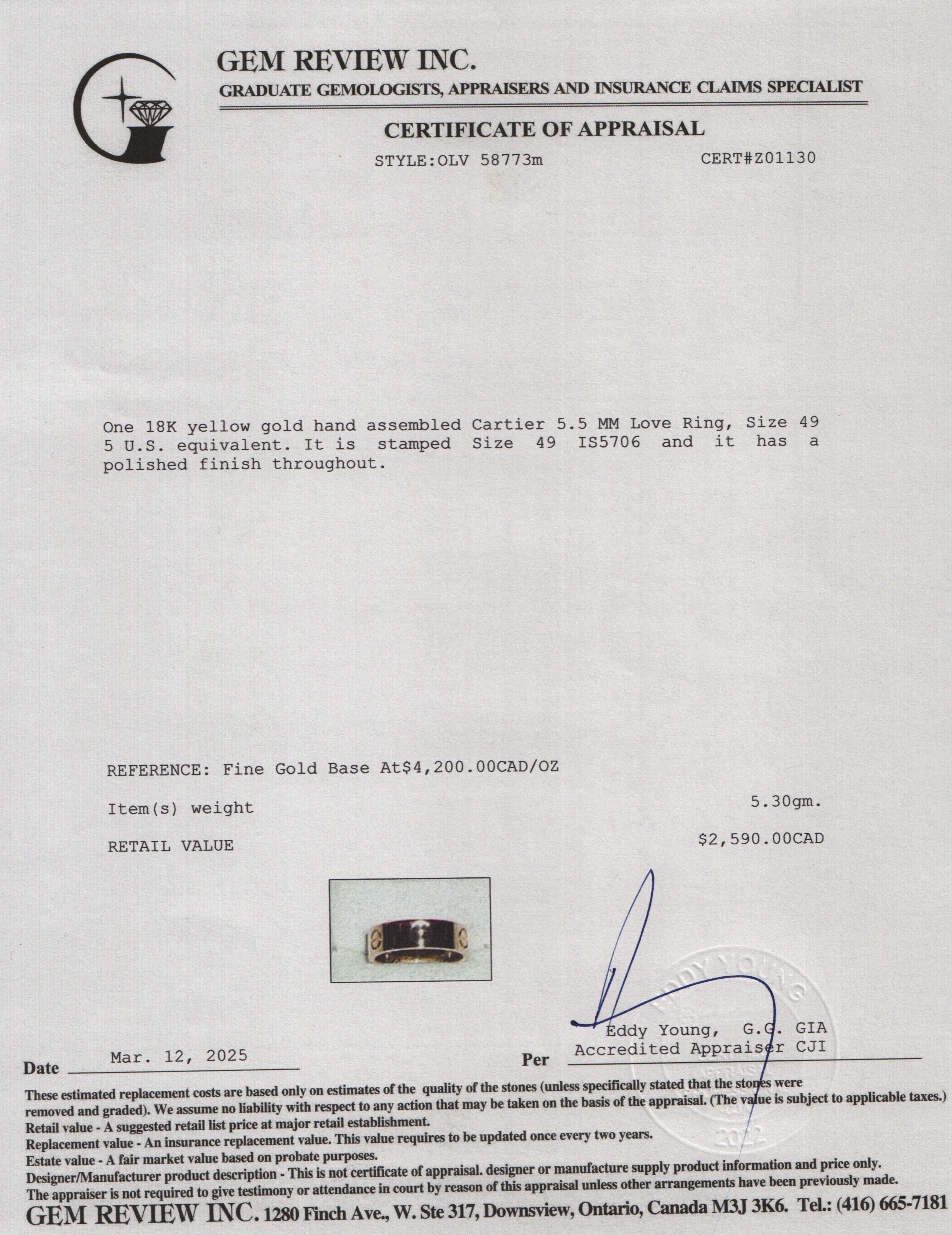 Cartier 18k Yellow Gold 5.5 MM Love Ring, Size 49 5