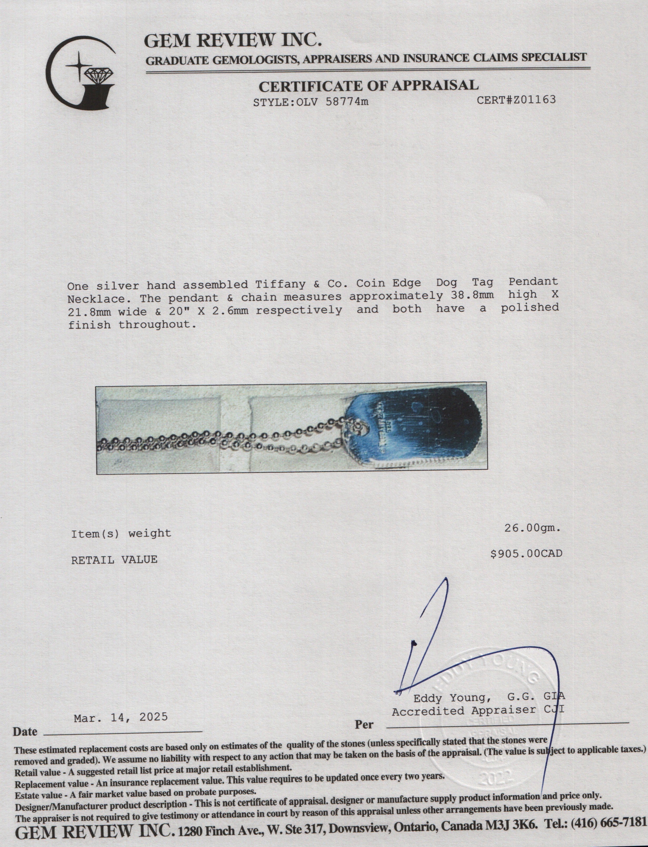 Tiffany & Co. Sterling Silver Coin Edge Dog Tag Pendant Necklace