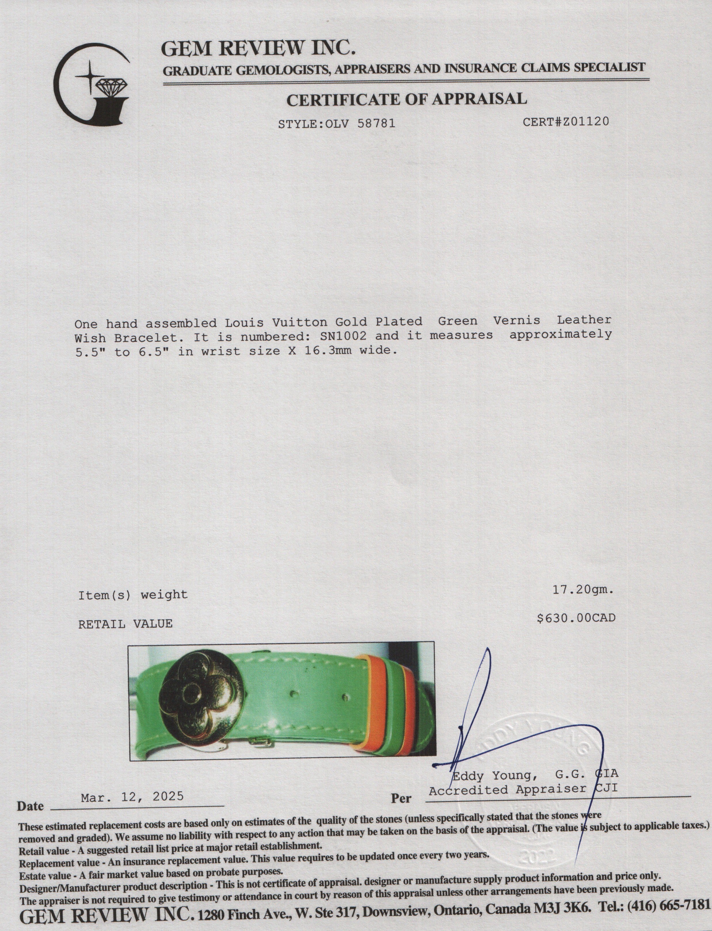 Louis Vuitton Gold Plated Green Vernis Leather Wish Bracelet