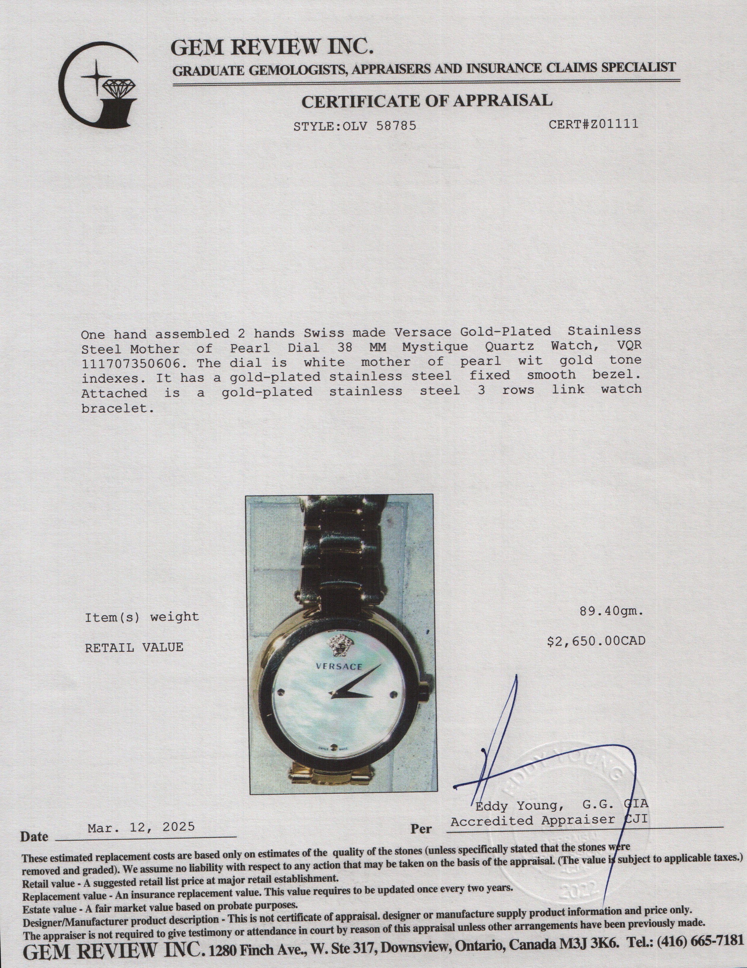 Versace Gold-Plated Stainless Steel Mother of Pearl Dial 38 MM Mystique Quartz Watch w/ Box & Papers