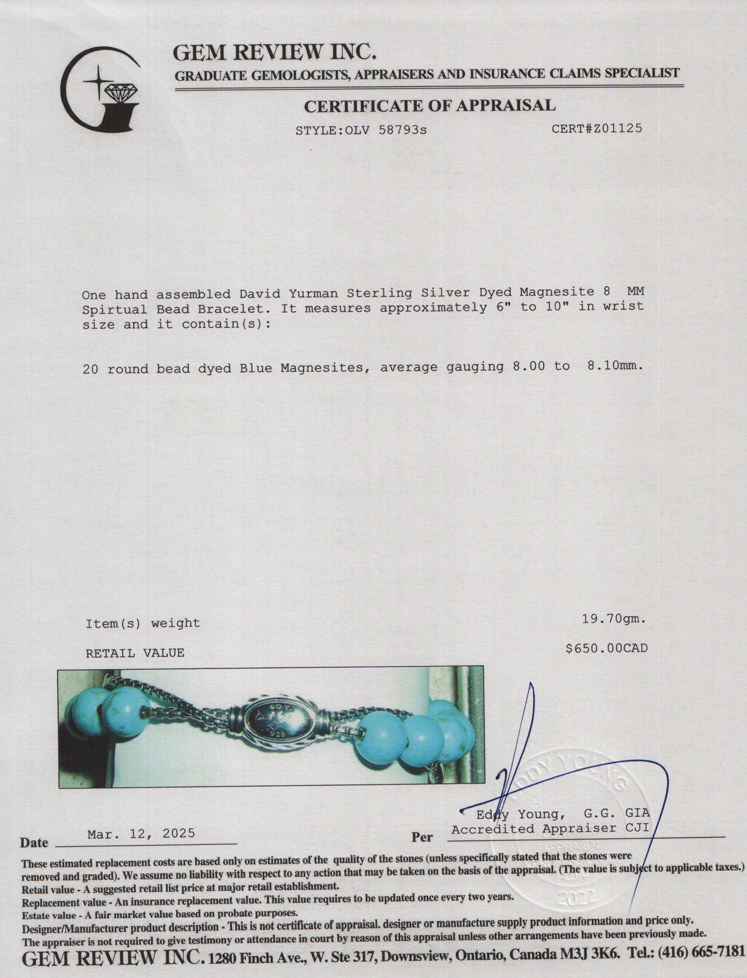 David Yurman Sterling Silver Dyed Magnesite 8 MM Spirtual Bead Bracelet