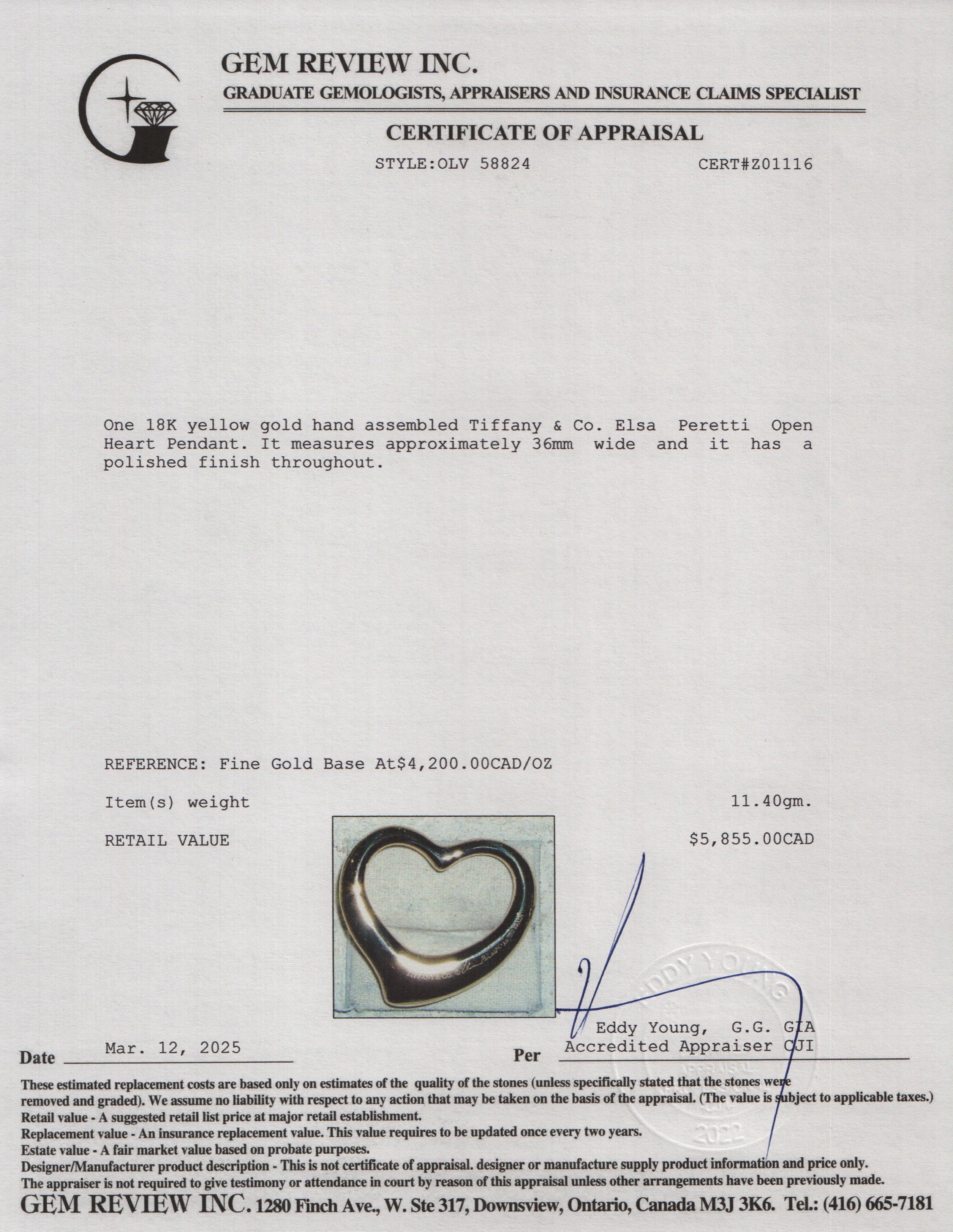 Tiffany & Co. Elsa Peretti 18k Yellow Gold 36 MM Open Heart Pendant w/ Box