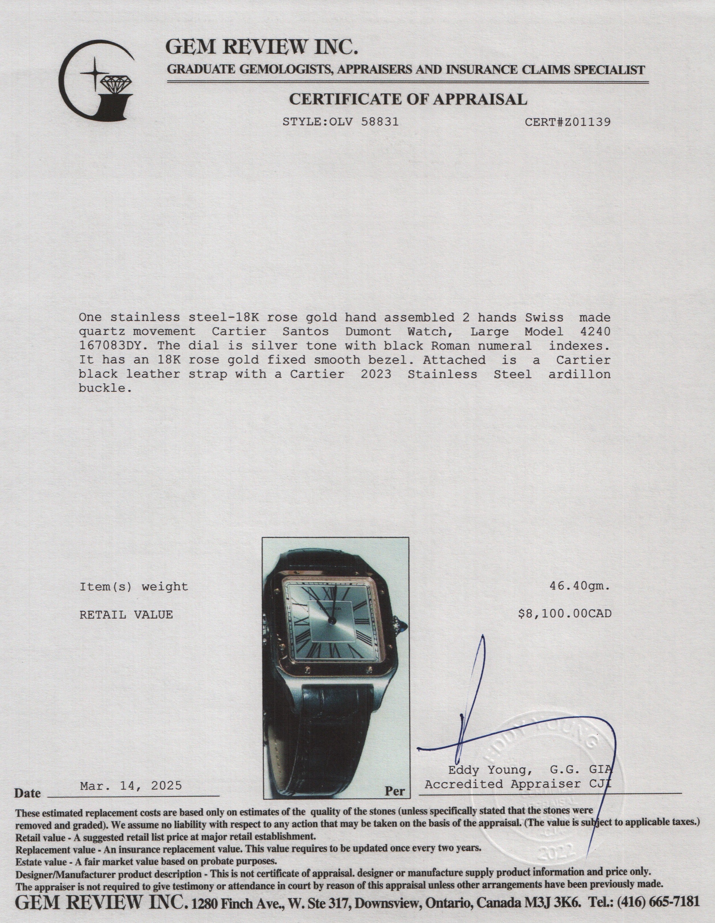 Cartier 2023 Stainless Steel & 18k Rose Gold Santos Dumont Watch, Large Model 4240 w/ Box & Papers