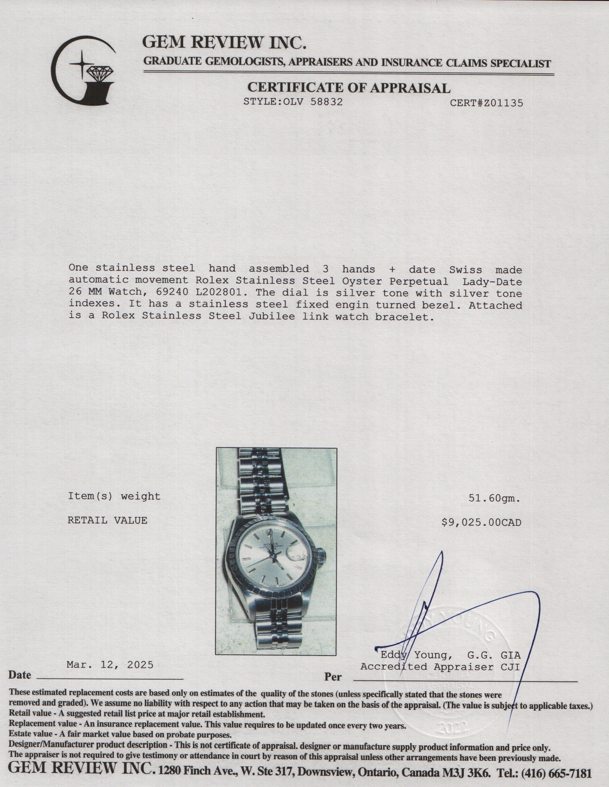 Rolex Stainless Steel Oyster Perpetual Lady-Date 26 MM Watch Silver Dial 69240 w/ Box & Papers