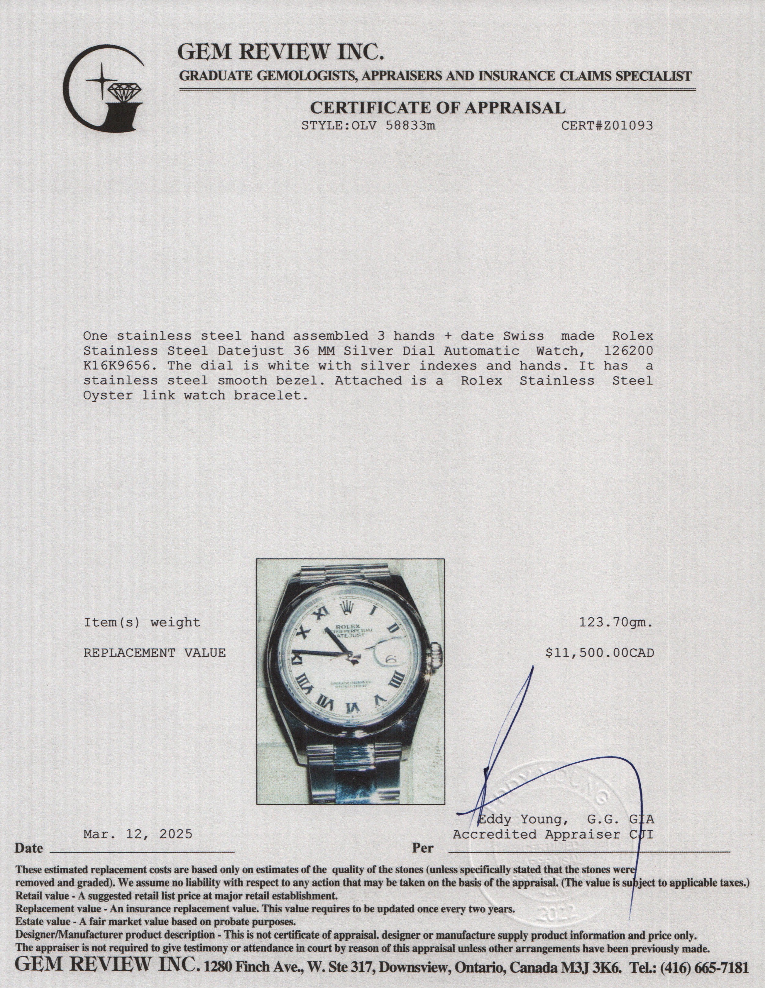 Rolex 2024 Stainless Steel Datejust 36 MM Automatic Watch White Dial 126200 w/ Box & Papers