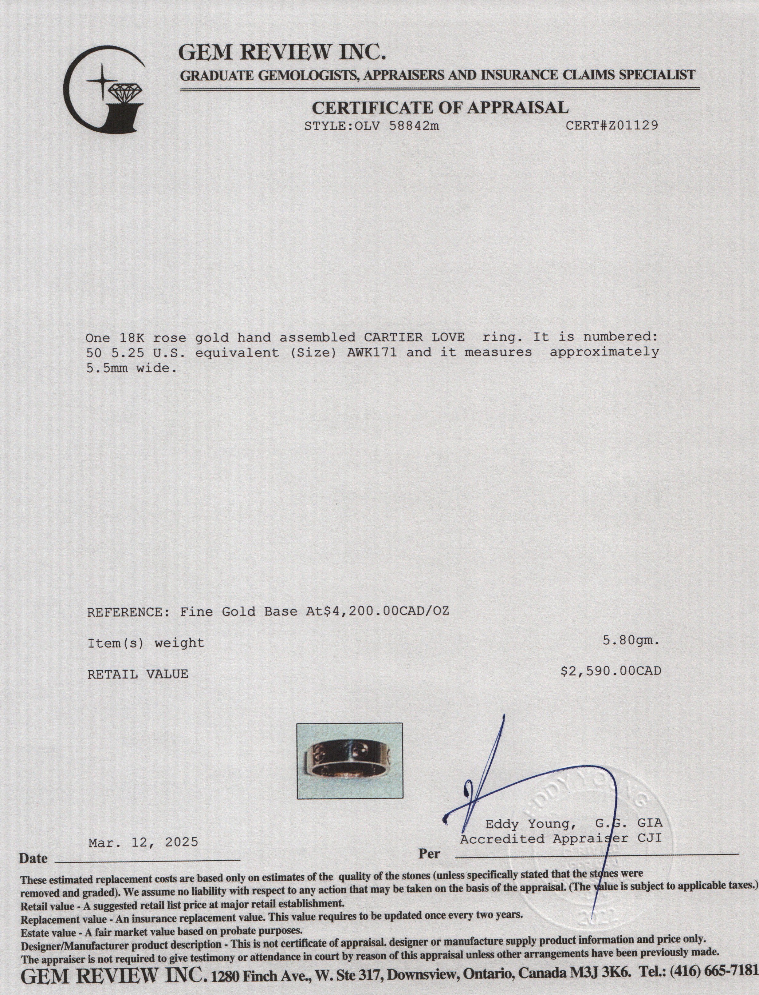 Cartier 18k Rose Gold 5.5 MM Love Ring, Size 50 5.25 w/ Box, Receipt & Certificate