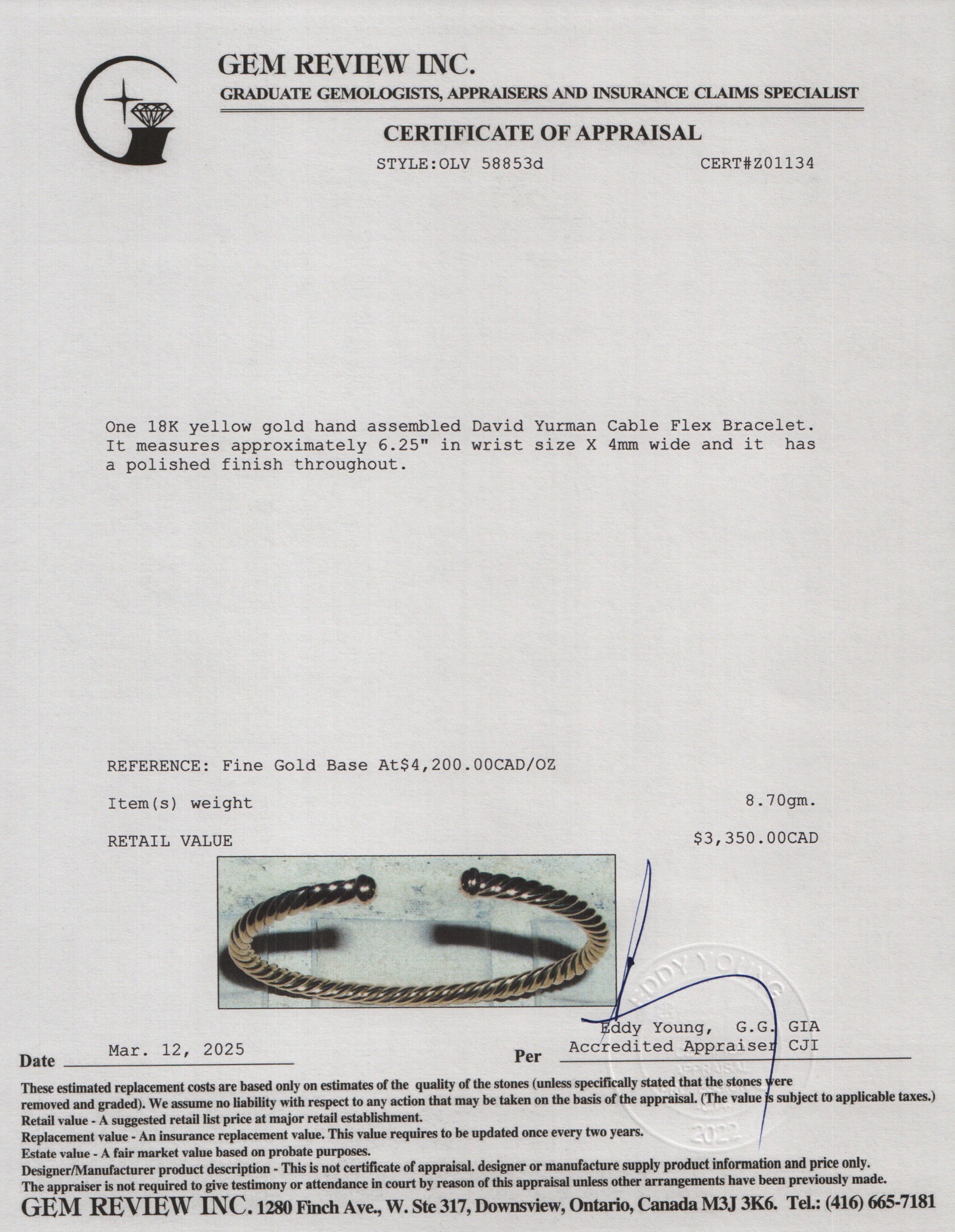 David Yurman 18k Yellow Gold 4 MM Cable Flex Bracelet