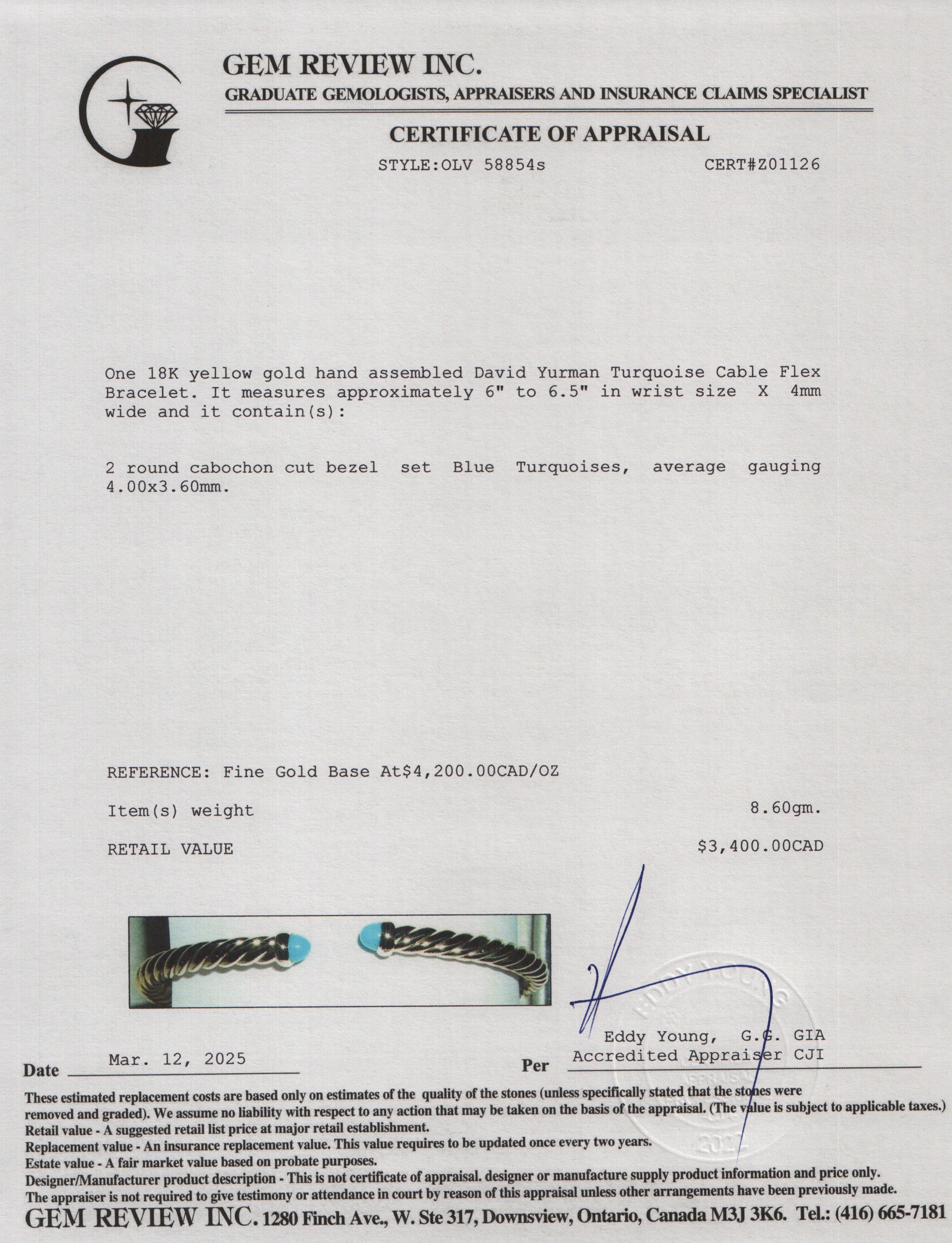 David Yurman 18k Yellow Gold Turquoise 4 MM Cable Flex Bracelet