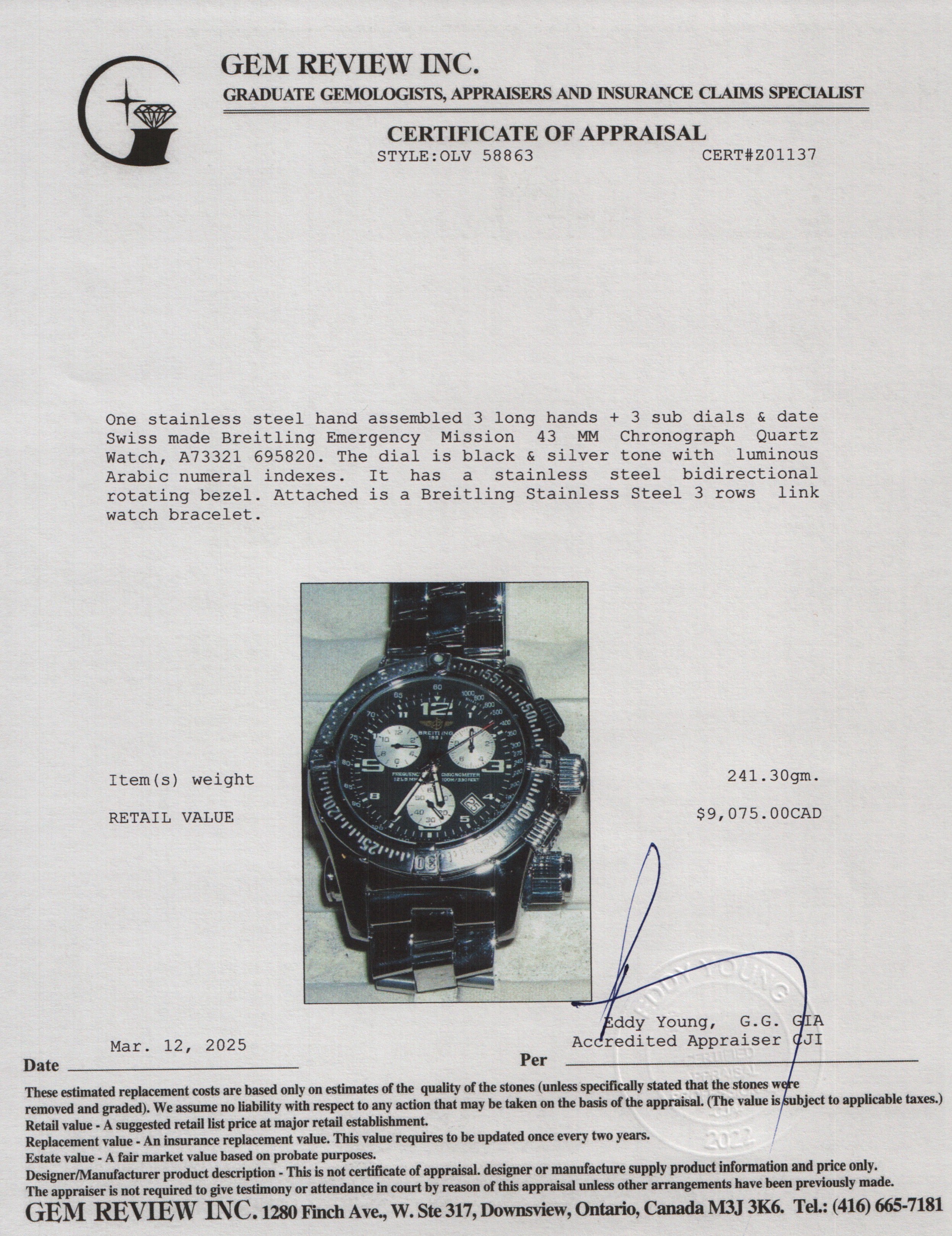 Breitling Stainless Steel Emergency Mission 43 MM Chronograph Quartz Watch A73321 w/ Box & Papers