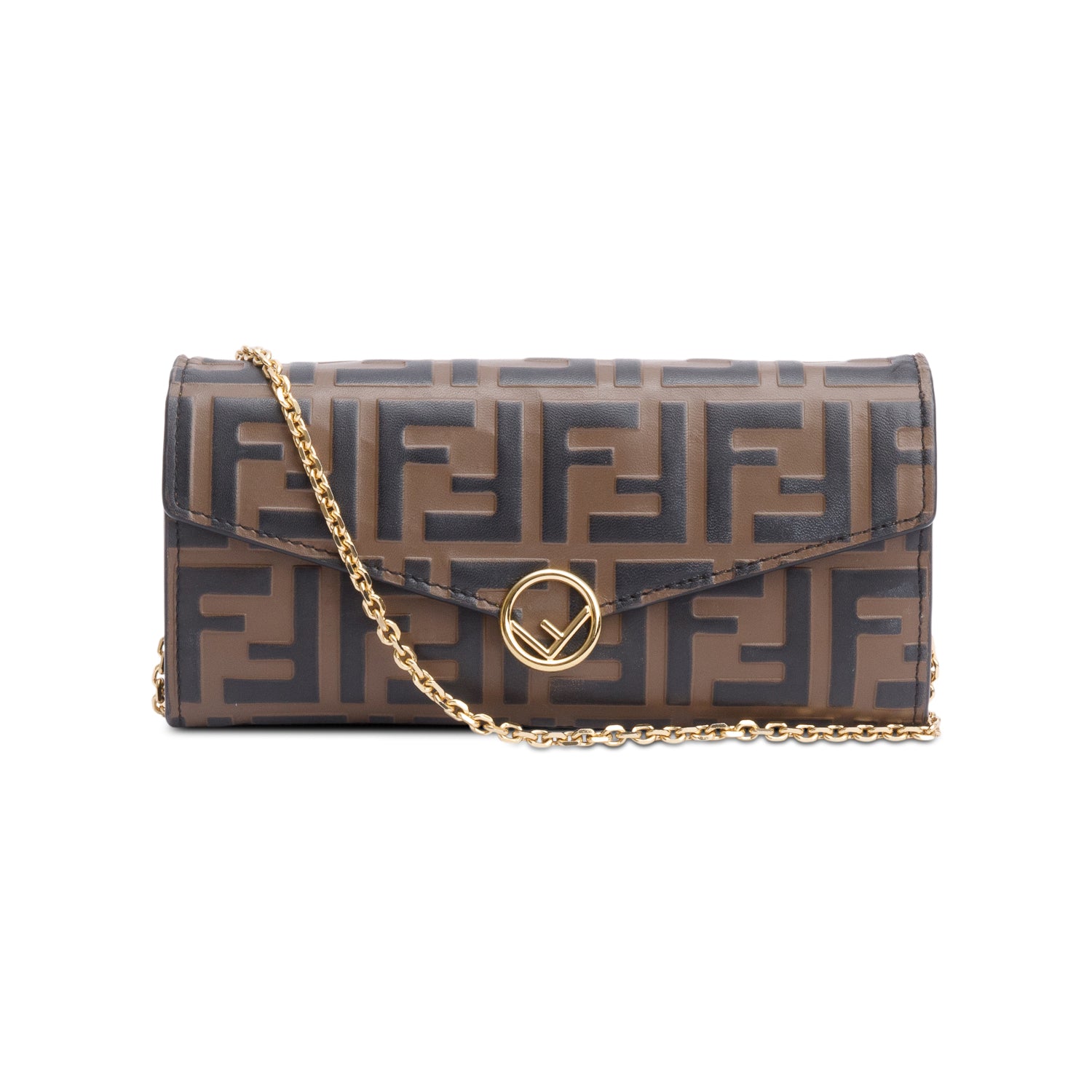 Fendi Brown FF Zucca Embossed Leather Continental Wallet on Chain w/ Box